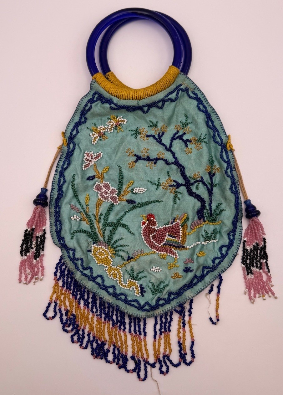 Antique Chinese Beaded Silk Purse with Peking Glass Handles c. 1910s–1920s