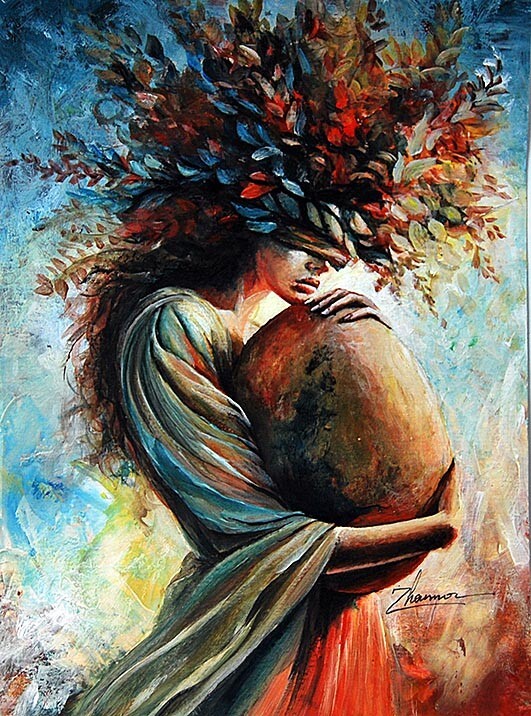 Original acrylic surreal woman & big egg figurative fine art Fantasy OOAK