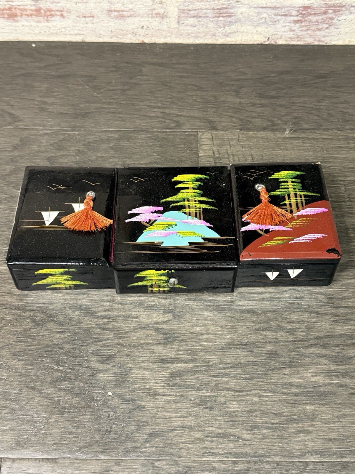 Vintage Japanese Black Lacquer Jewelry Box Pink Interior Pagoda Design Drawer