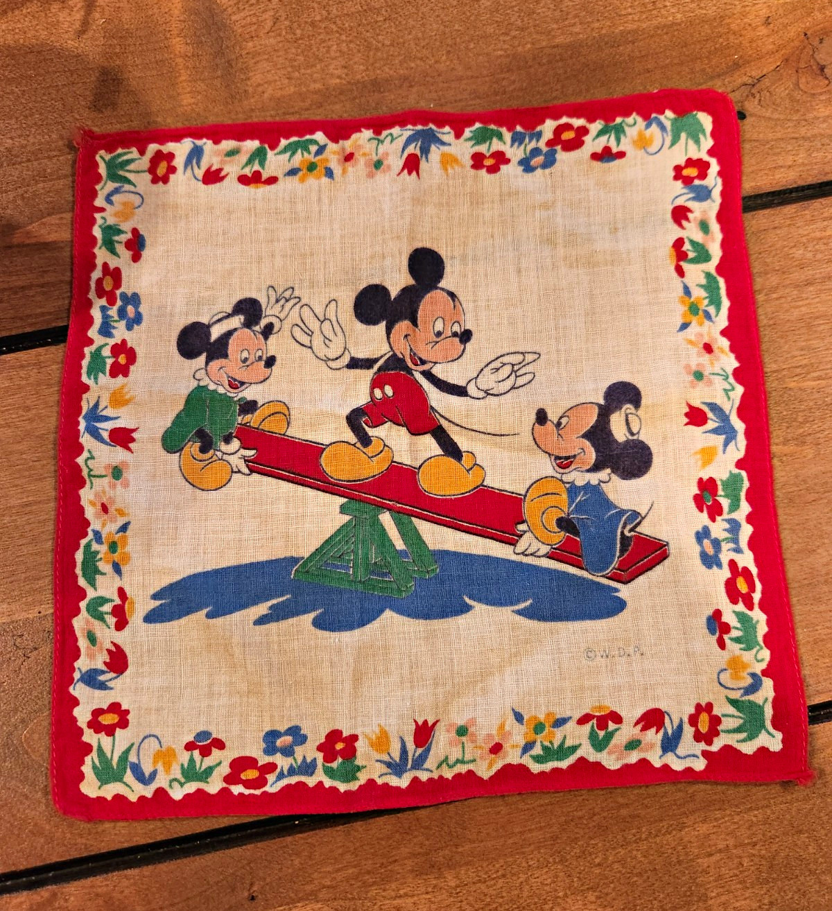 Vintage Walt Disney Productions Mickey & Minnie Cloth Handkerchief Floral Border