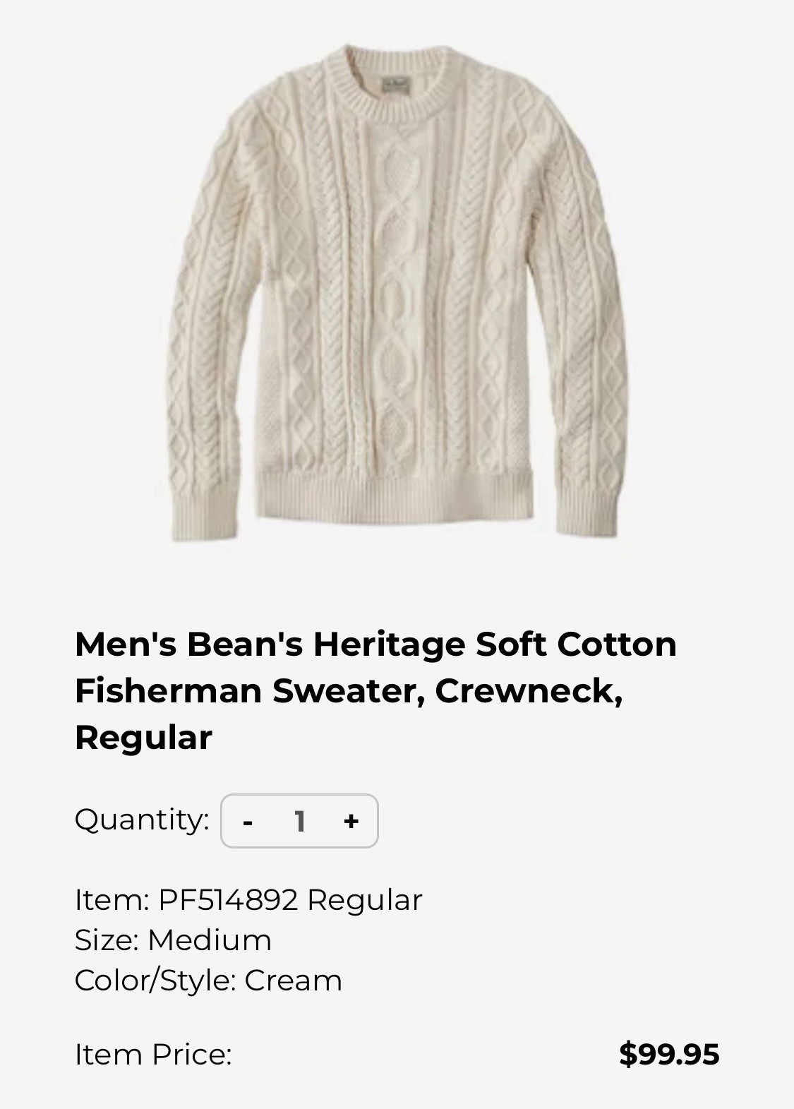 L.L.Bean Men’s Fisherman Cable Knit Crewneck Cotton Sweater Cream M PF514892 L.L.Bean Men’s Fisherman Cable Knit Crewneck Cotton Sweater Cream M PF514892