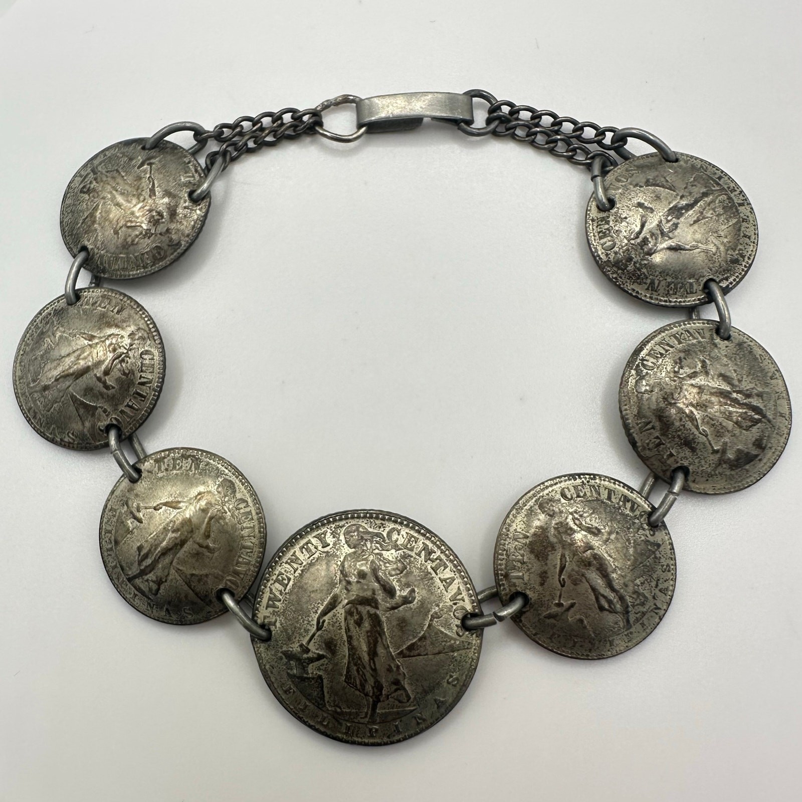 WWII era vintage retro USA Philippines 750 sterling silver 7 coins bracelet