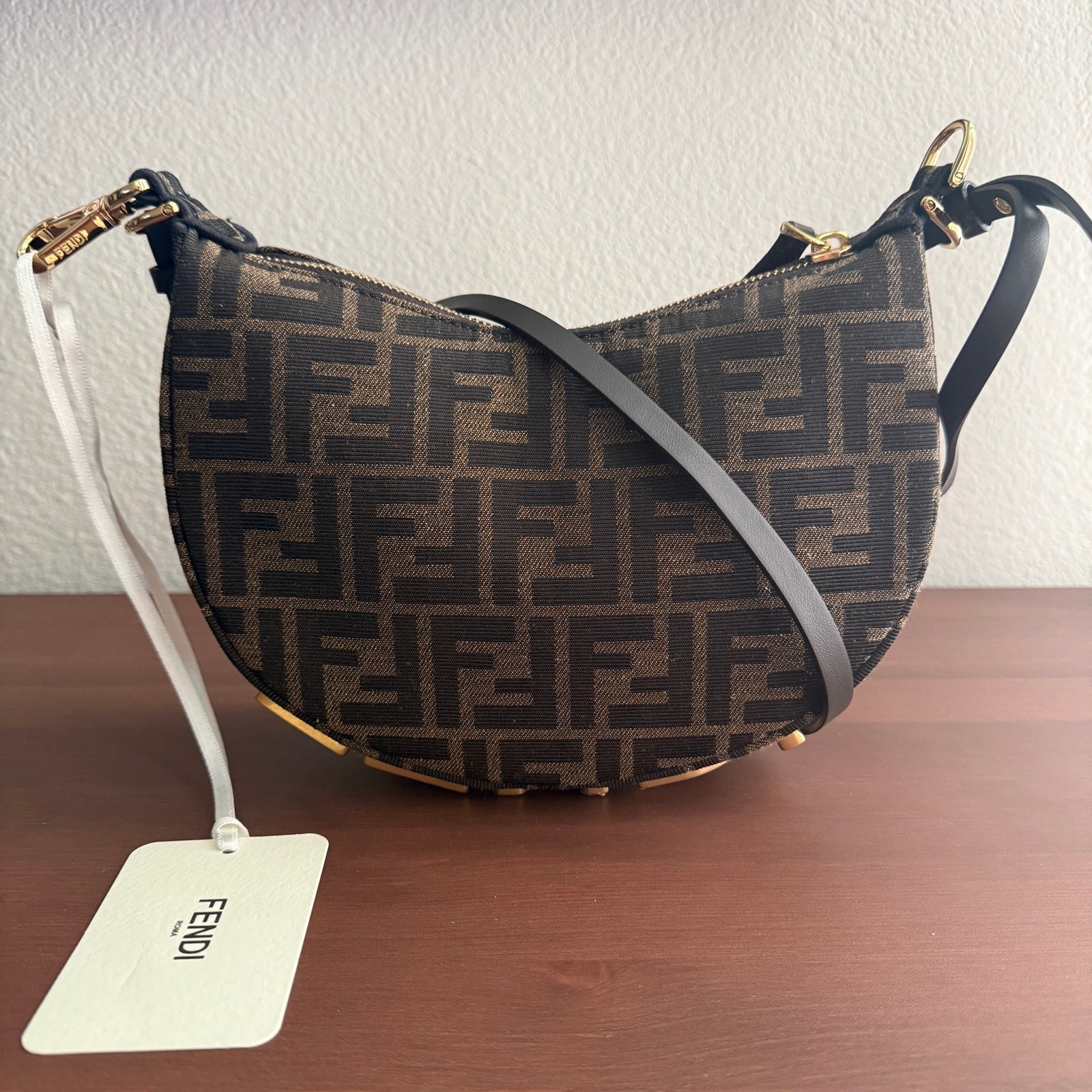 Fendi Mini Fendigraphy FF 1974 Jacquard Hobo Bag Tobacco Brown Gold Letters NWT
