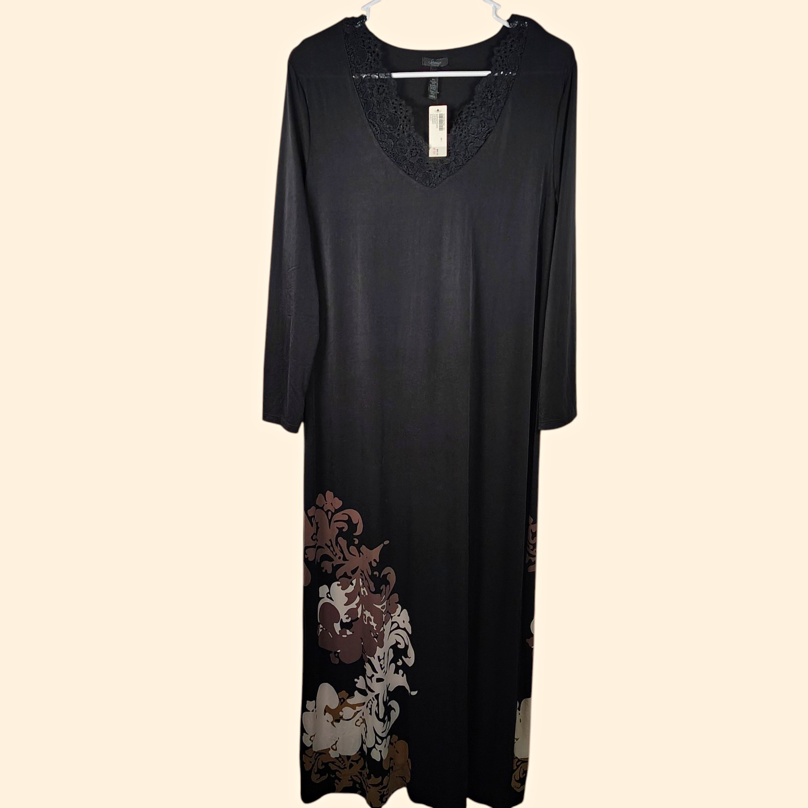 Soma Sophisticated Lounger Dress Large Black Lace V-Neck Floral Maxi Long NWT Soma Sophisticated Lounger Dress Large Black Lace V-Neck Floral Maxi Long NWT