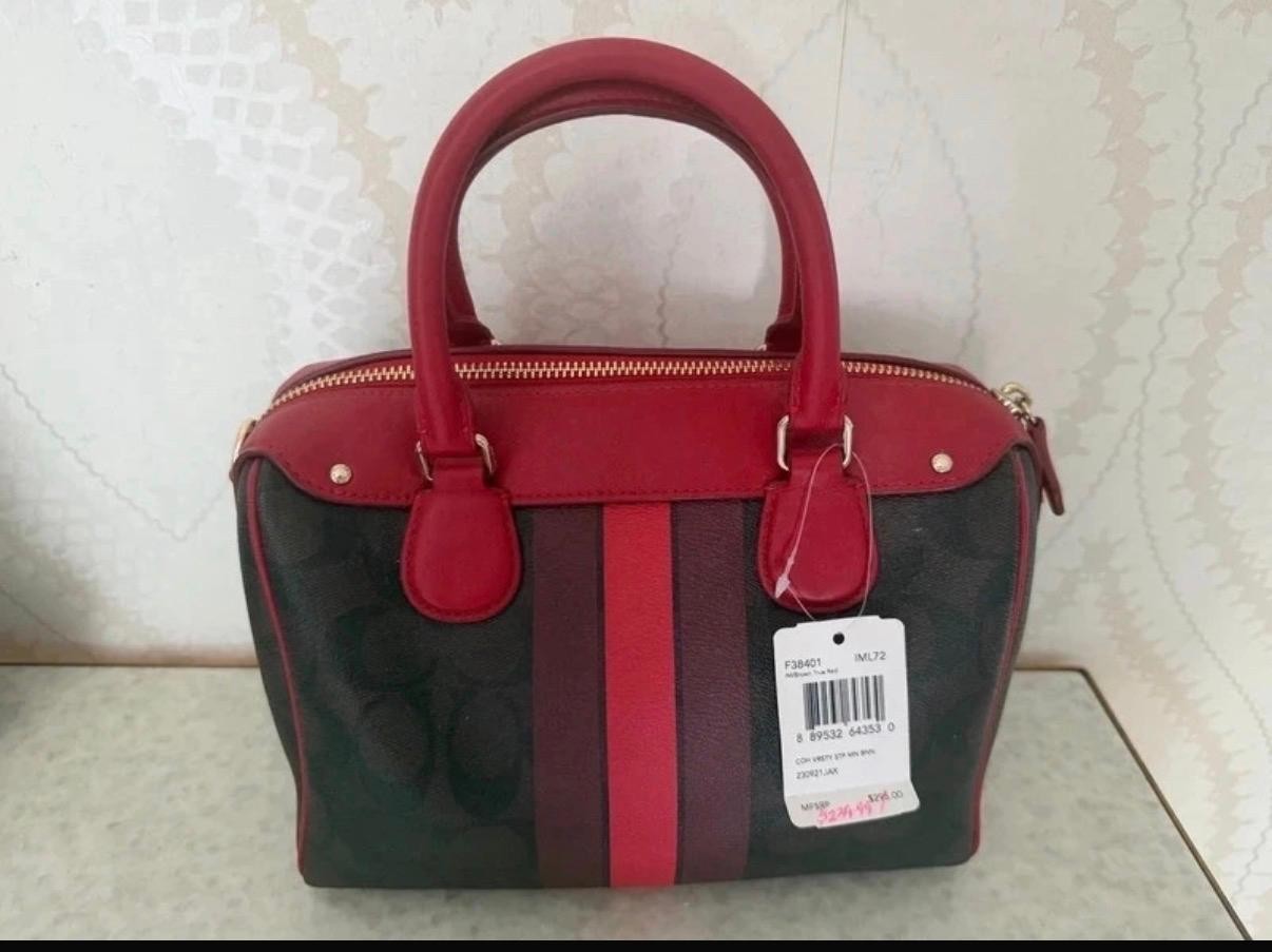 Coach F38401 Mini Bennett Satchel Varsity Stripe Red Black Handbag NWT