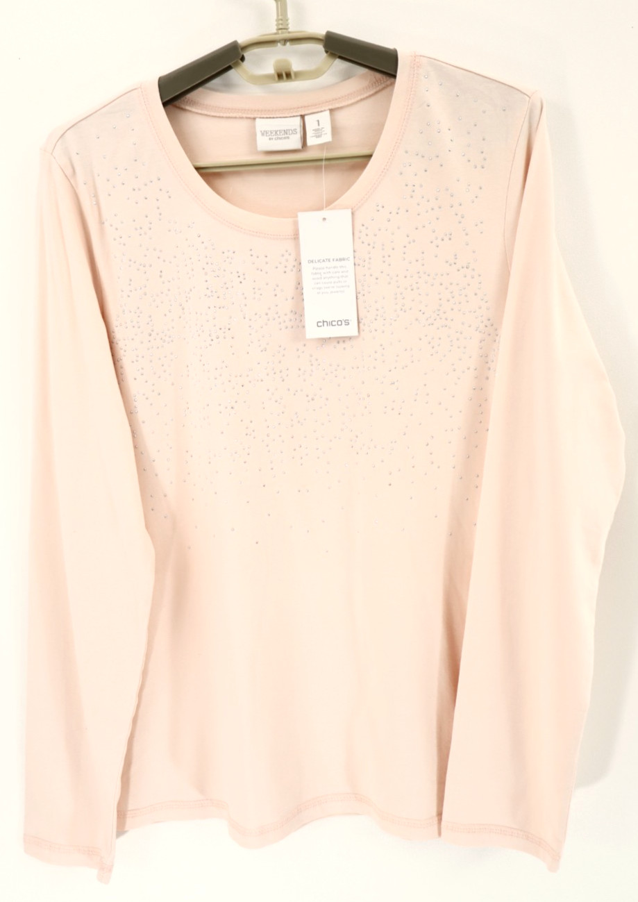 NWT ZENERGY By CHICO\'S Women\'s Cotton Top Long Sleeve Beaded Peach Pink 1 S M