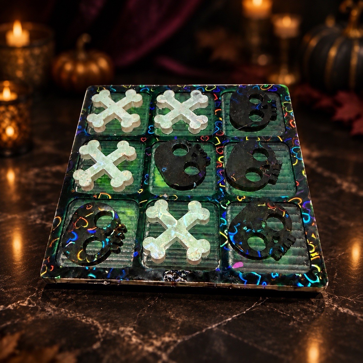 OOAK Handmade Holographic Glow In Dark TicTacToe With Skulls And Crossbones OOAK Handmade Holographic Glow In Dark TicTacToe With Skulls And Crossbones