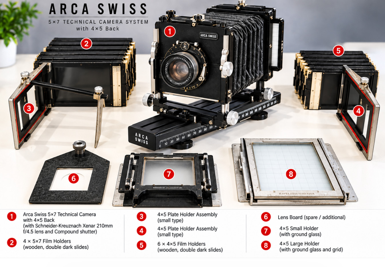 Arca-Swiss Model C 5×7 Technical Camera with 4×5 Back Schneider Xena 210mm lens Arca-Swiss Model C 5×7 Technical Camera with 4×5 Back Schneider Xena 210mm lens