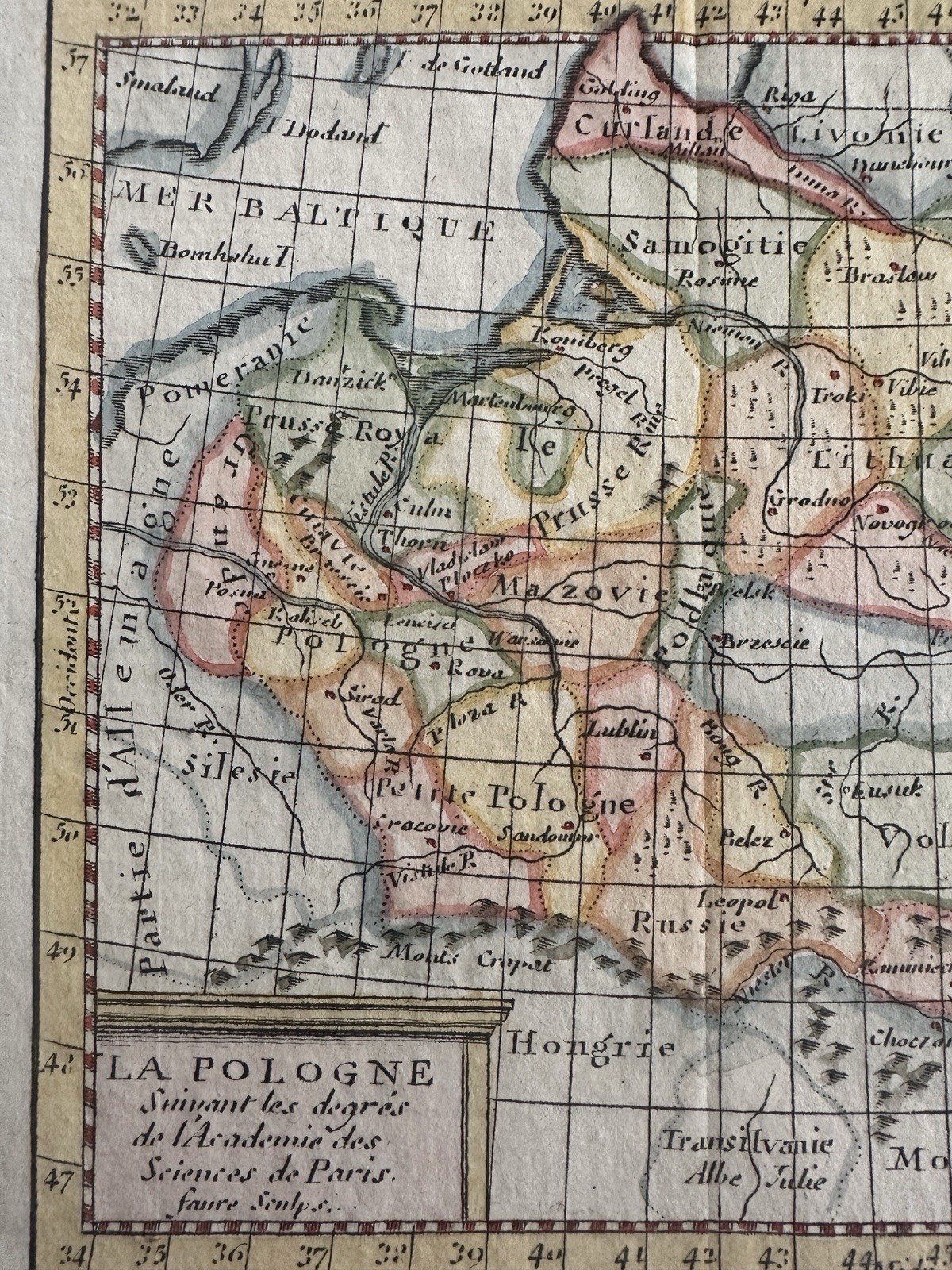 Poland La Pologne 1744 Faure charming engraved hand color miniature map