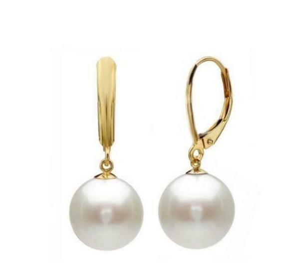 AAAAA 8-9mm Natural Perfect ROUND Akoya white pearl dangle earring 14K Gold