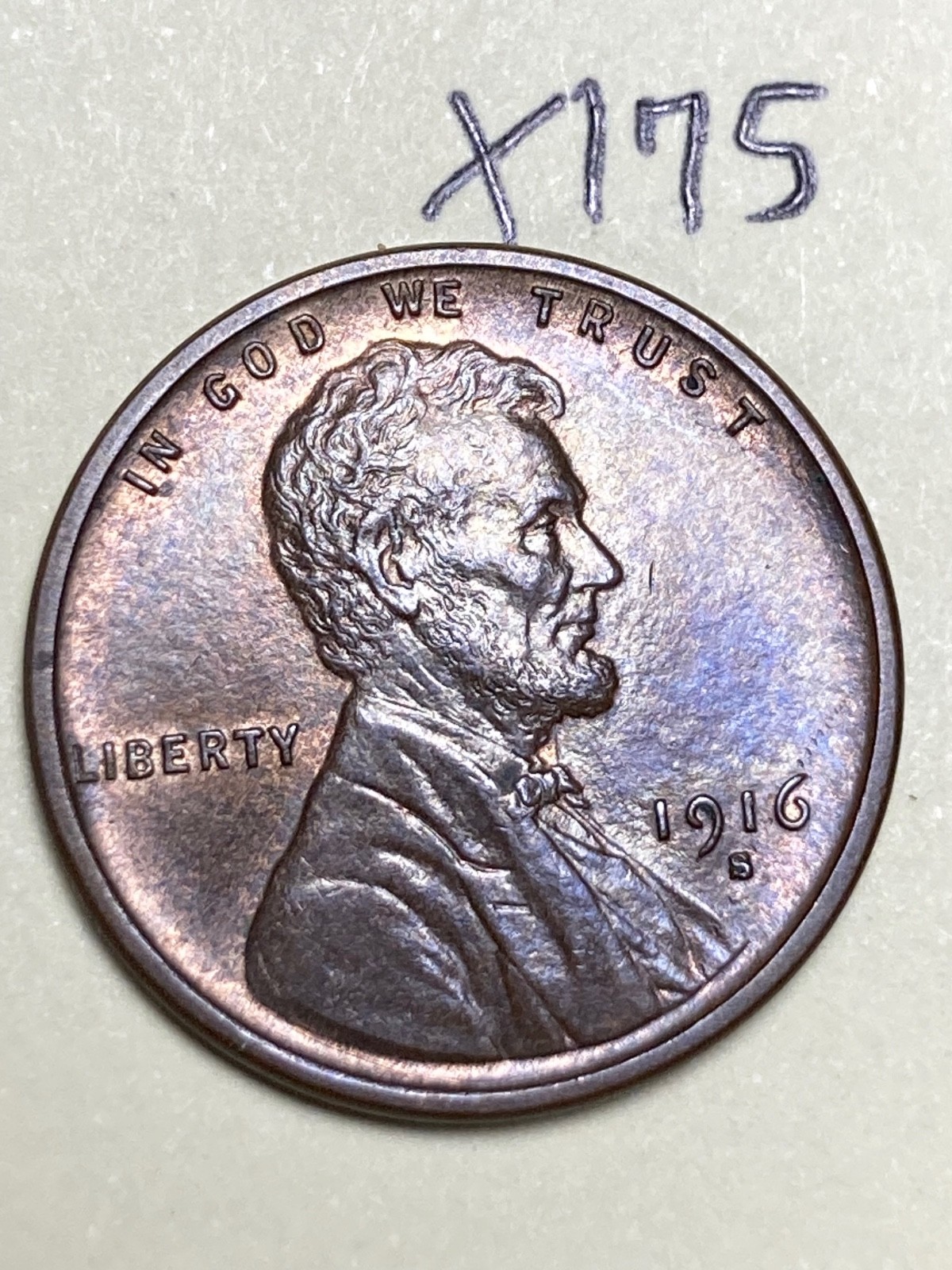 1916-S LINCOLN WHEAT CENT, coin #X175 1916-S LINCOLN WHEAT CENT, coin #X175