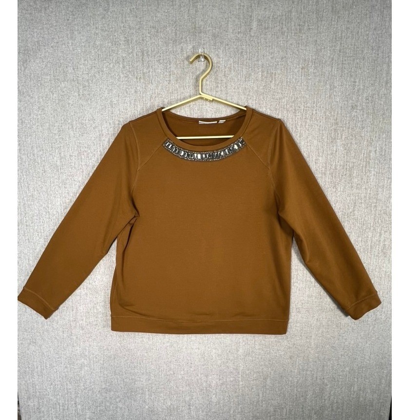 Susan Graver SG Sport Brown Embellished Neck Sweatshirt Women Medium Crystal Susan Graver SG Sport Brown Embellished Neck Sweatshirt Women Medium Crystal