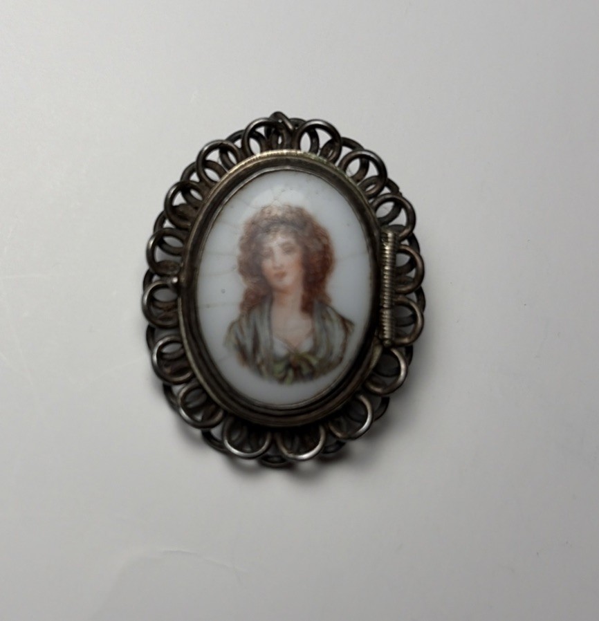 Antique Victorian Porcelain Miniature Portrait Brooch of A Women Sterling Silver Antique Victorian Porcelain Miniature Portrait Brooch of A Women Sterling Silver
