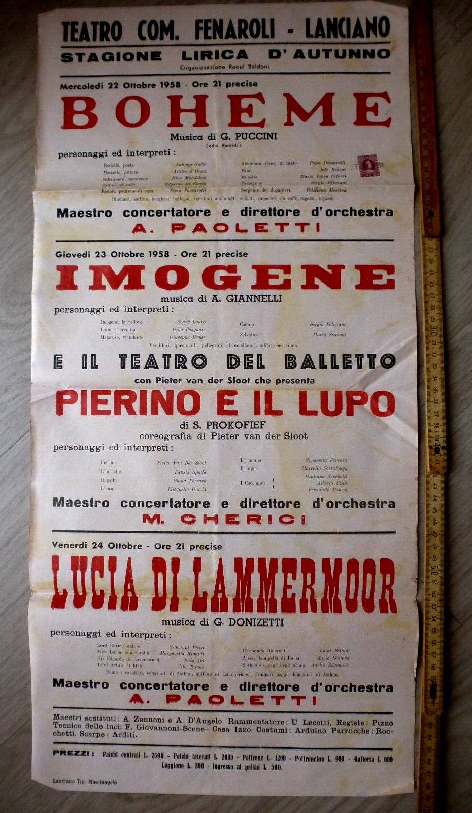 Poster Teatro Fenaroli LANCIANO opera season 1958 BOHEME, IMOGENE, PIERINO E