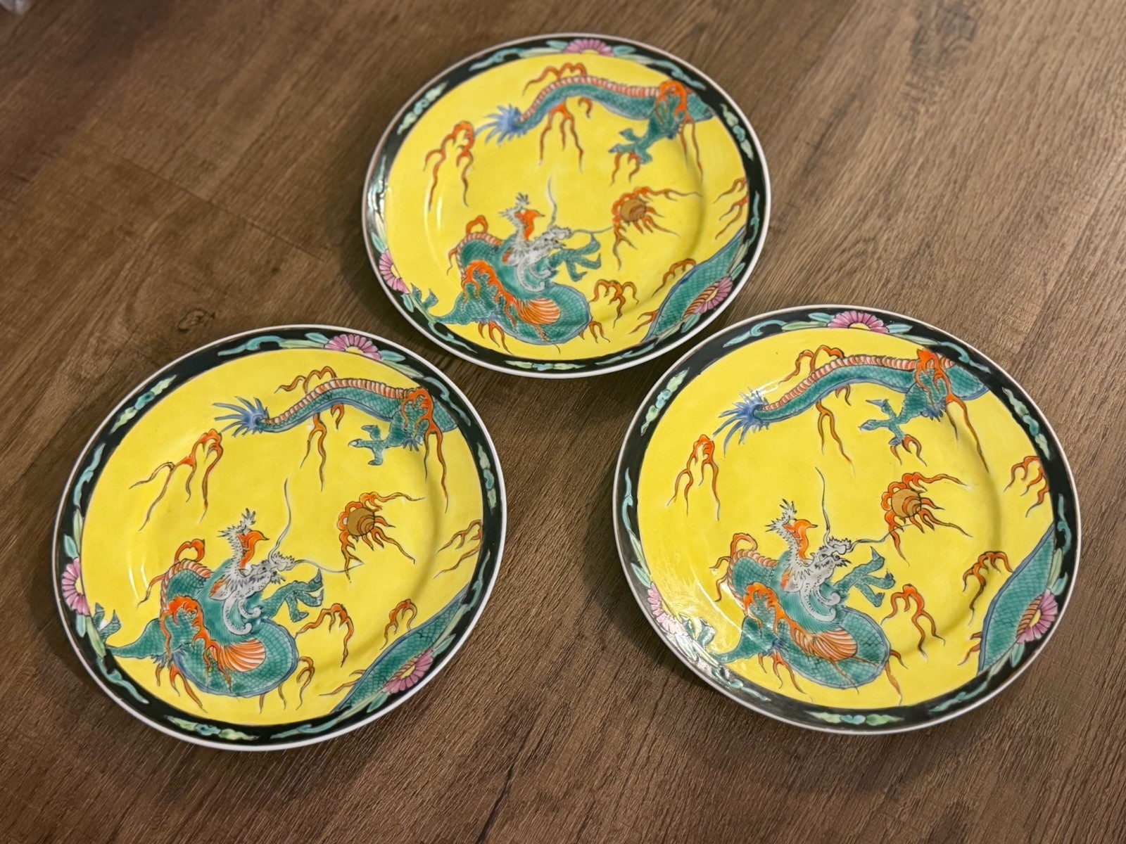 Lot of 3 Vtg Japanese Porcelain Yellow Dragon 7.5” Salad Dessert Plates Red Mark