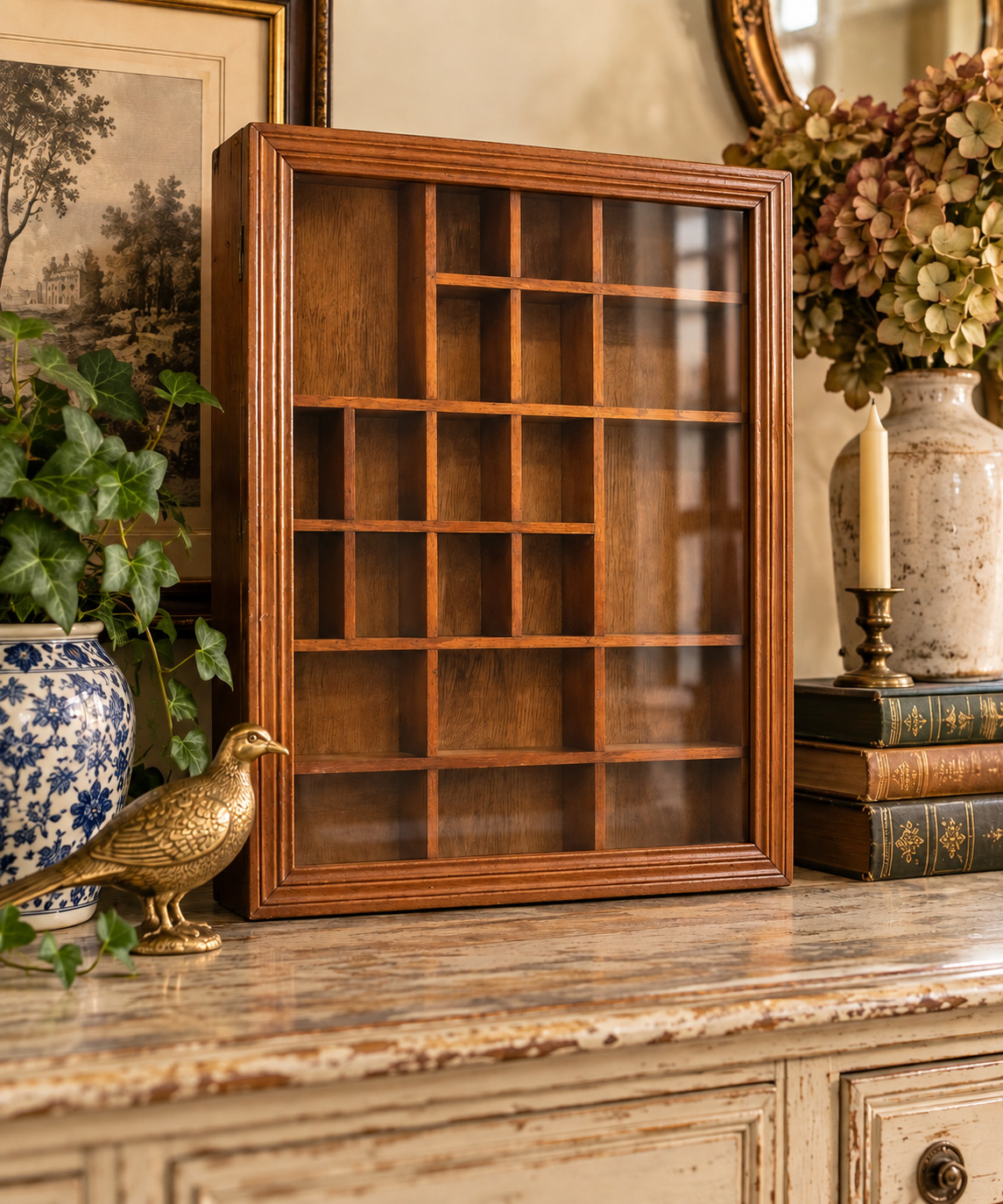 Vtg Wood Curio Display Cabinet Glass Door Wall Shadow Box Miniatures 19 Slots