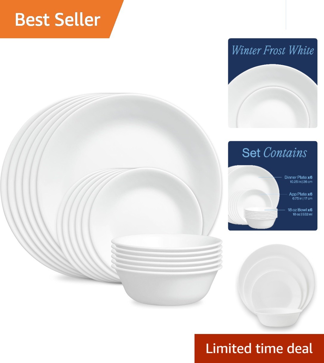 Vitrelle 18-Piece Service for 6 Dinnerware Set Triple Layer Glass and Chip Re...