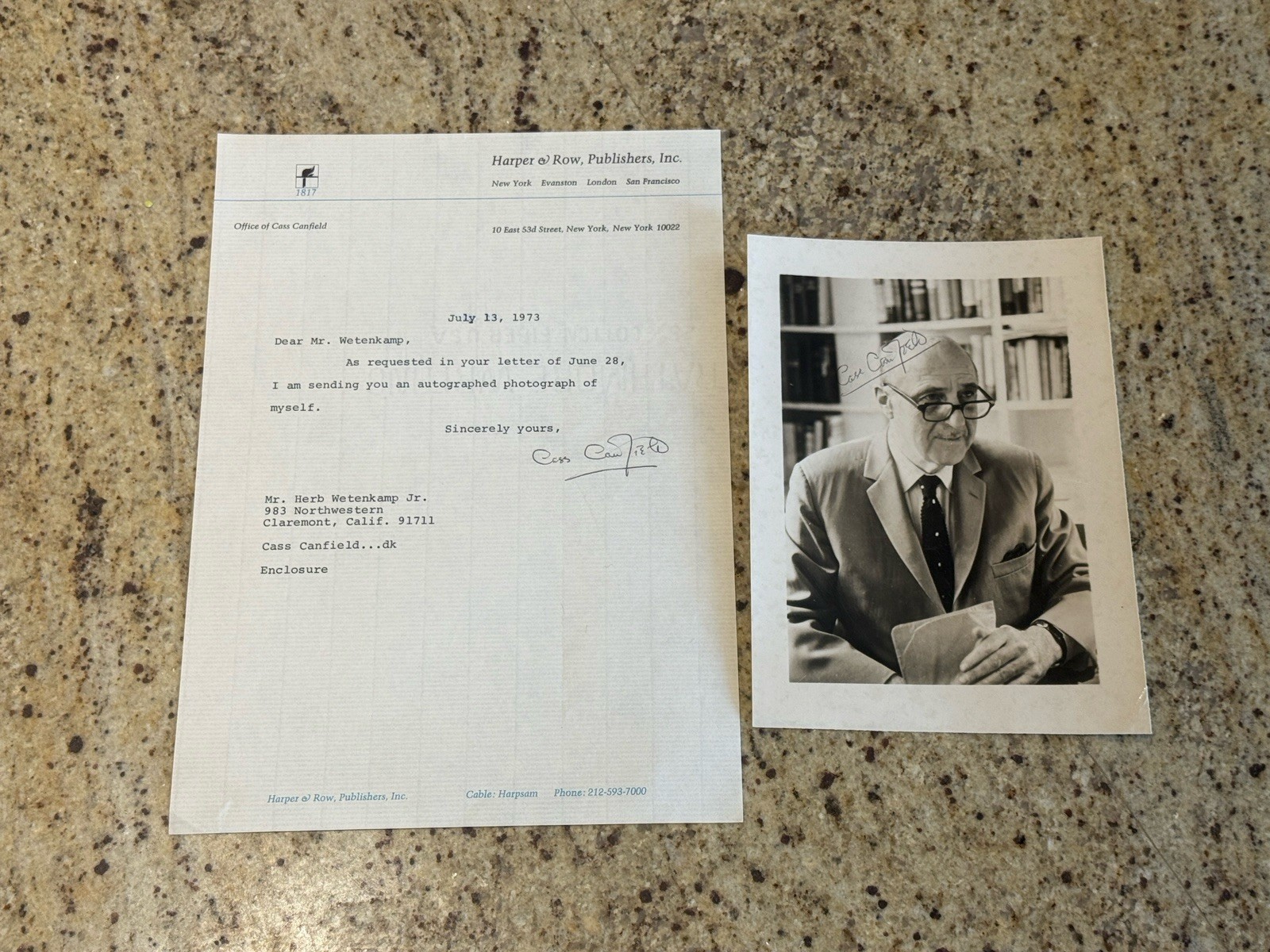 Vintage 1973 Cass Canfield President Harper & Row Publishers Signed Photo Letter Vintage 1973 Cass Canfield President Harper & Row Publishers Signed Photo Letter