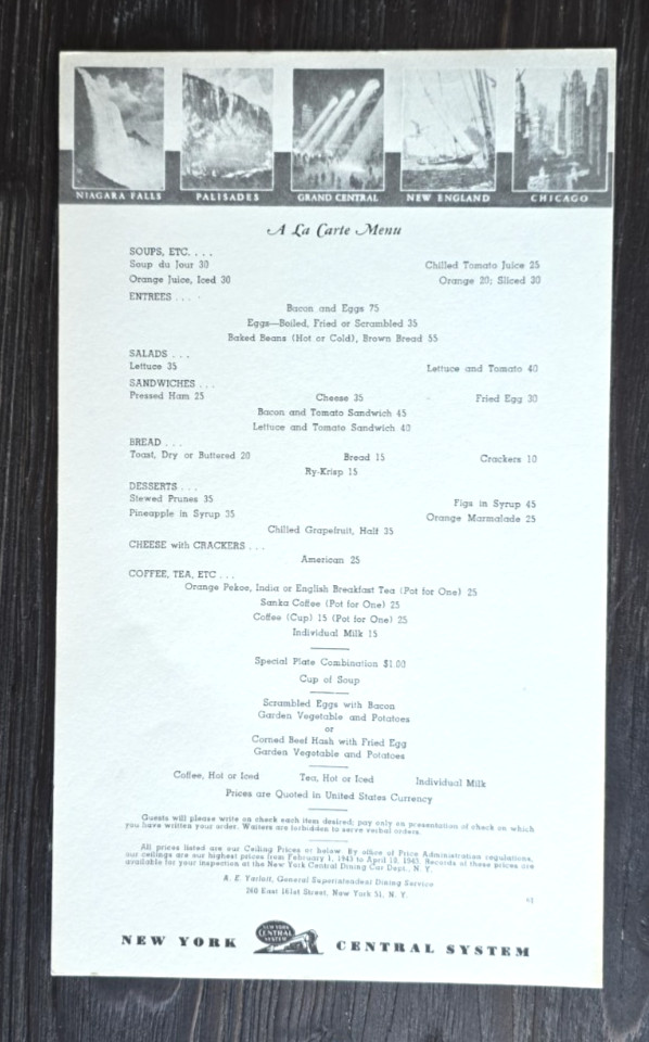 Vintage 1943 NYC New York Central Railroad - a la carte Menu Dining Car