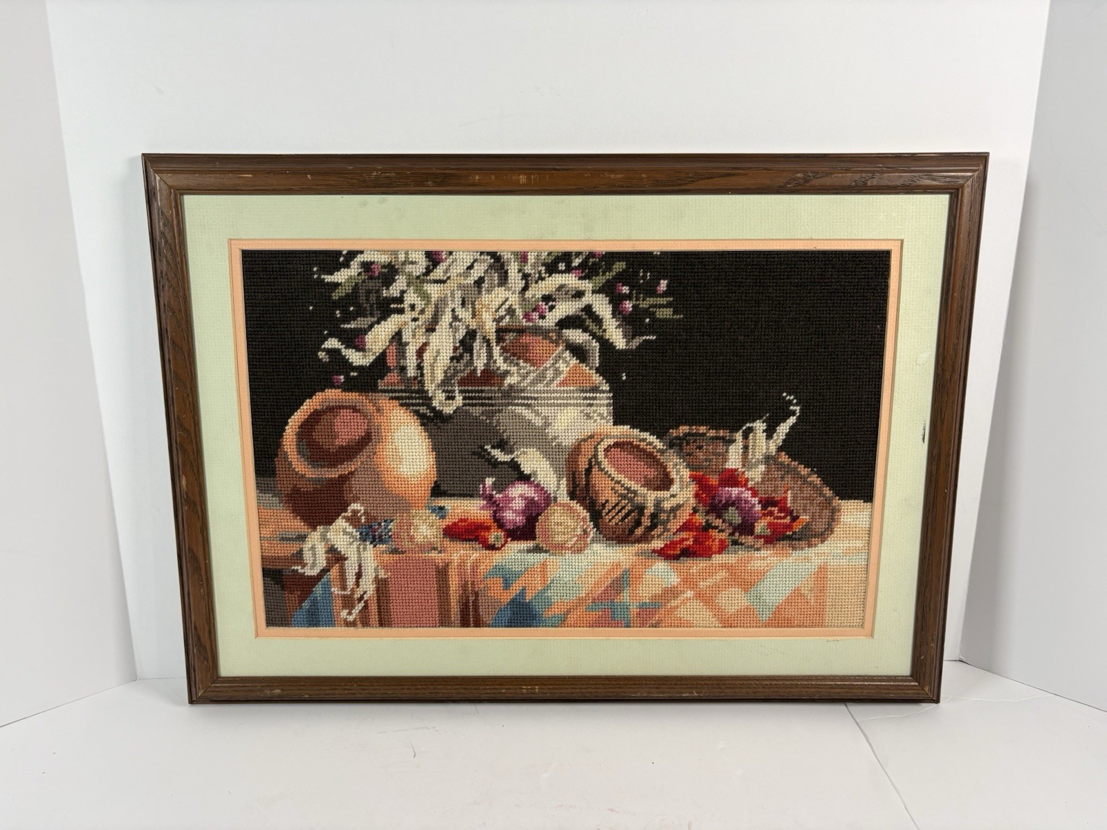 Vintage Southwestern Needlepoint Pottery Still Life Framed Wall Art Southwest