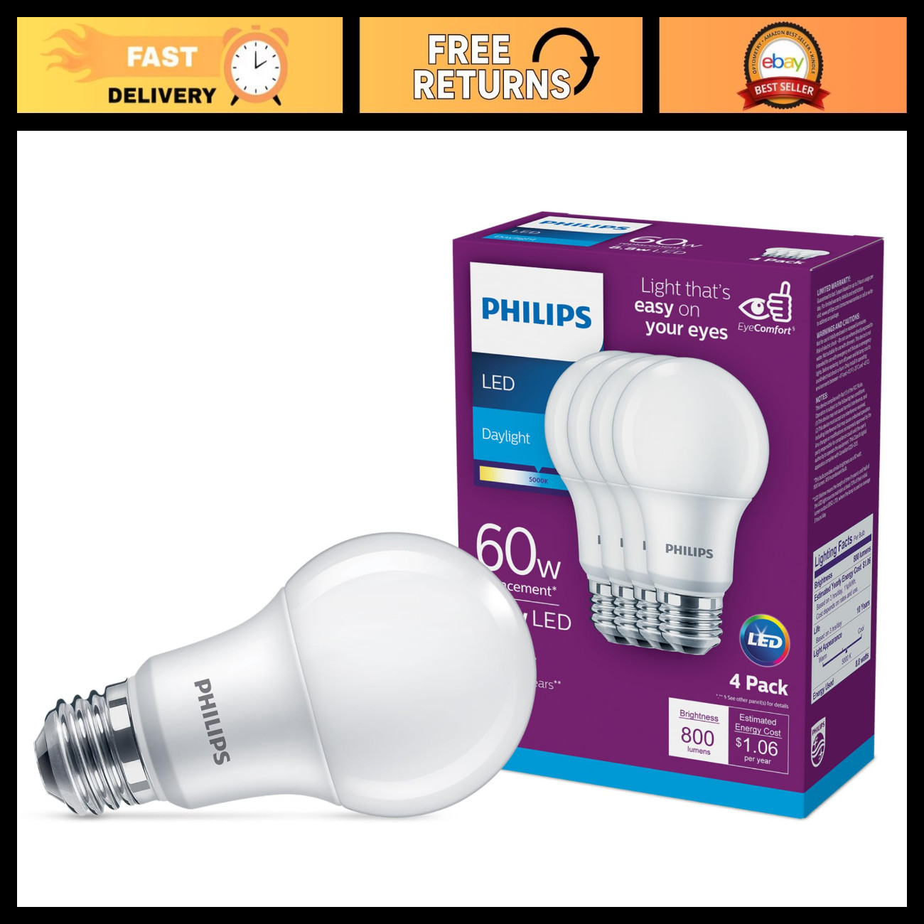 Frosted LED A19 Light Bulbs - Pack of 4 - 800 Lumen, Daylight 5000K, E26 Base Frosted LED A19 Light Bulbs - Pack of 4 - 800 Lumen, Daylight 5000K, E26 Base