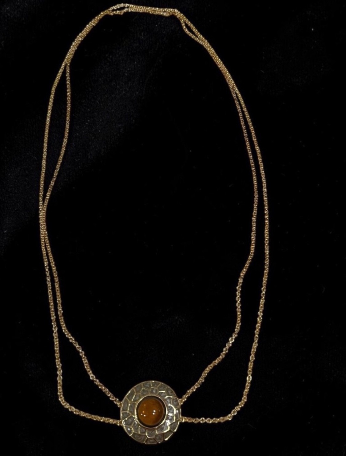 Vintage Vibe Gold Tone Ling Double Chain Necklace With Honey Drop Center Pendant