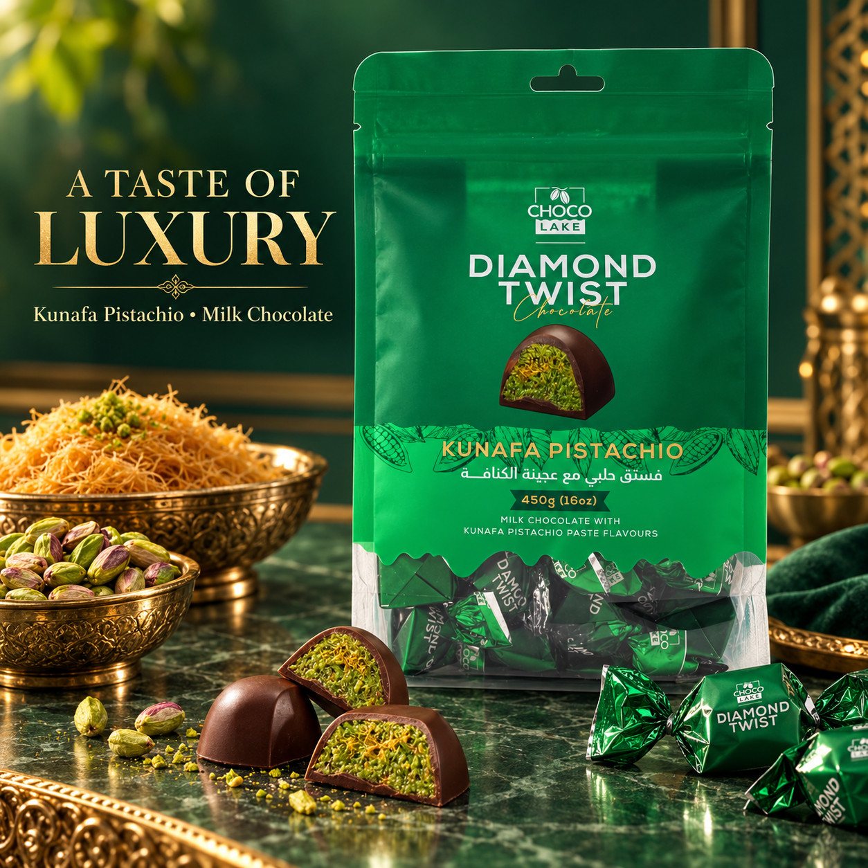 Chocolake Diamond Twist Pistachio Kunafa Dubai Chocolate Premium Dessert 450G