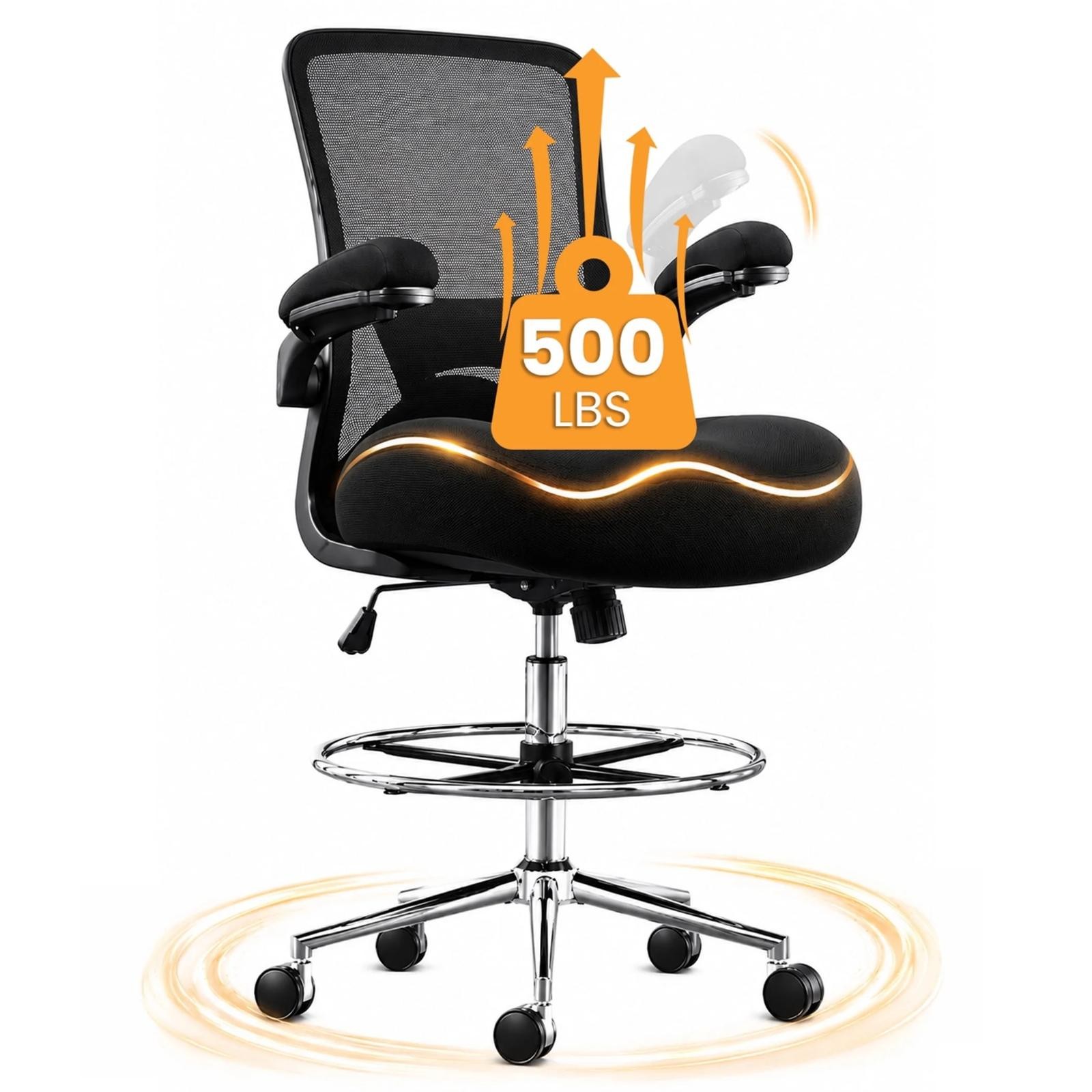 500lbs Big And Tall High Back Office Drafting Chair Ergonomic Flip-Up Armrests 500lbs Big And Tall High Back Office Drafting Chair Ergonomic Flip-Up Armrests