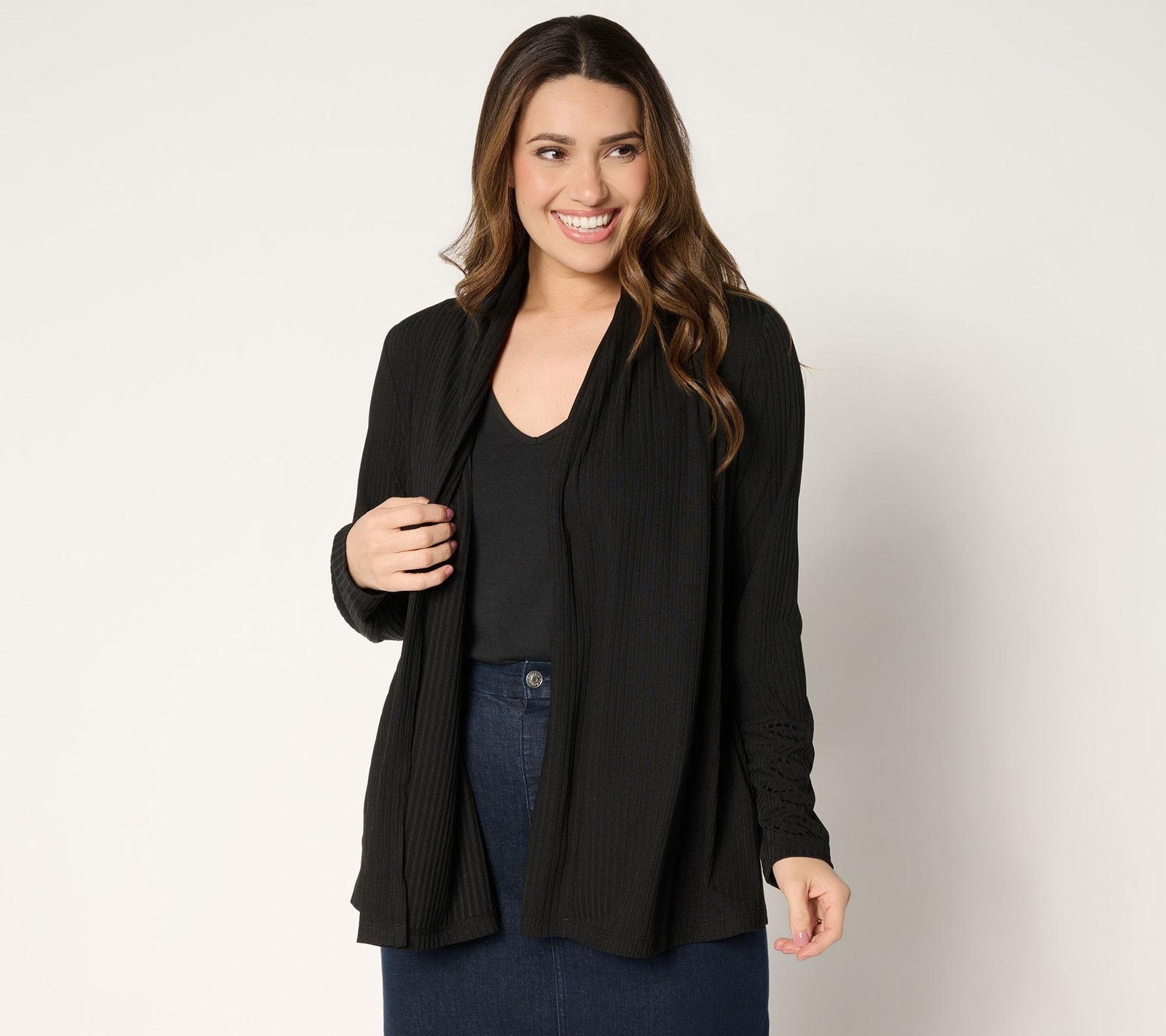 Susan Graver Regular Ribbed Liquid Knit Cardigan with Pockets Black L New Susan Graver Regular Ribbed Liquid Knit Cardigan with Pockets Black L New