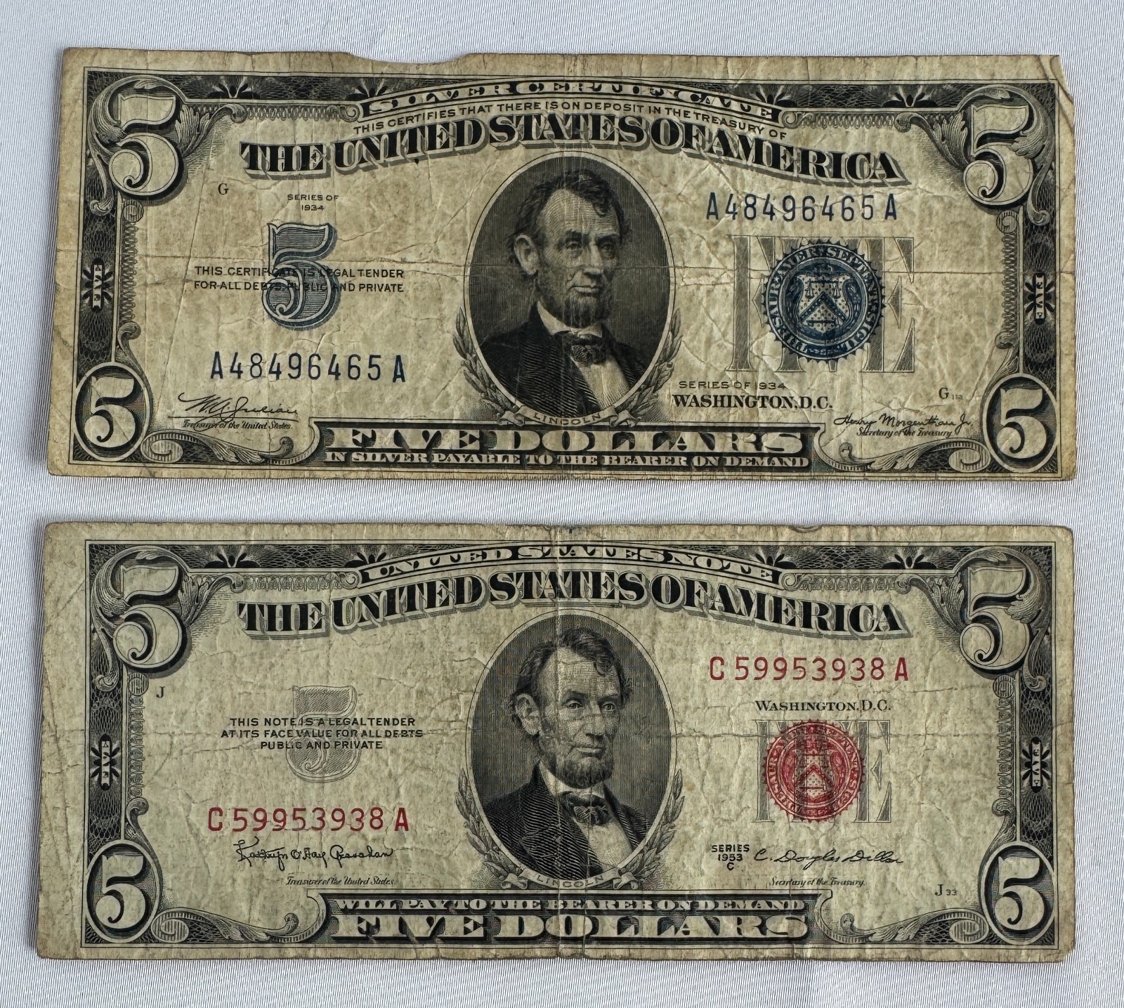 1934 and 1953 C $5 Silver Certificate Blue + Red Seal Five Dollars Paper Money