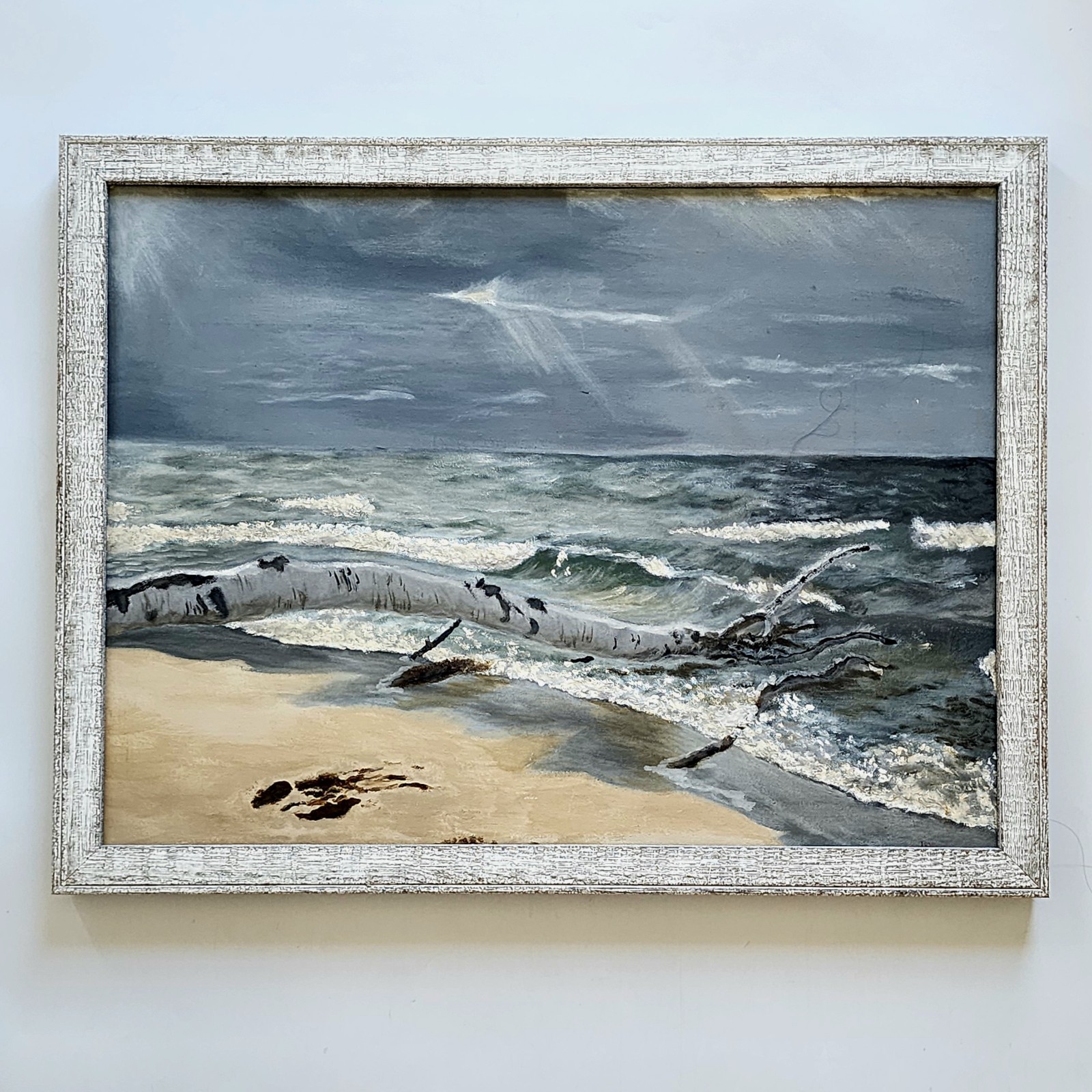 Original Oil Painting – Signed Driftwood Coastal Beach Art 18x24 Custom Framed