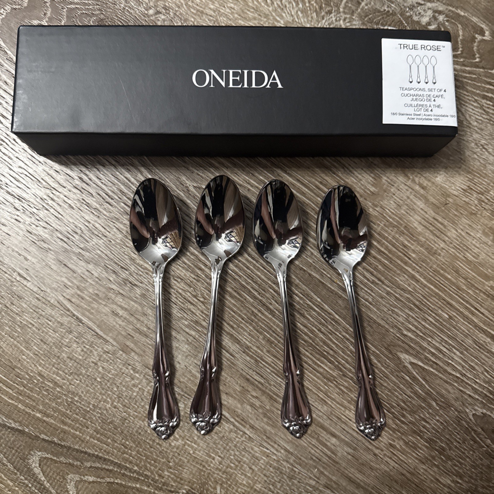 4 New Oneida True Rose Teaspoons -NEW IN BOX