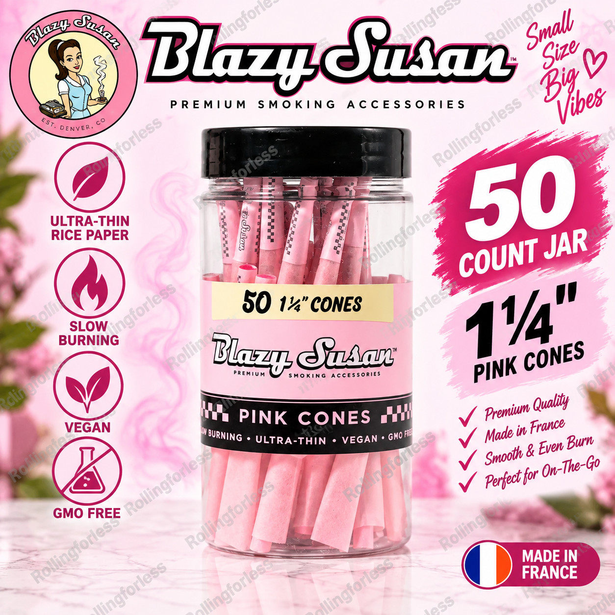 Blazy Susan Pink 1 1/4 Pre Rolled Cones 50 Count Jar 84mm Ultra Thin Vegan