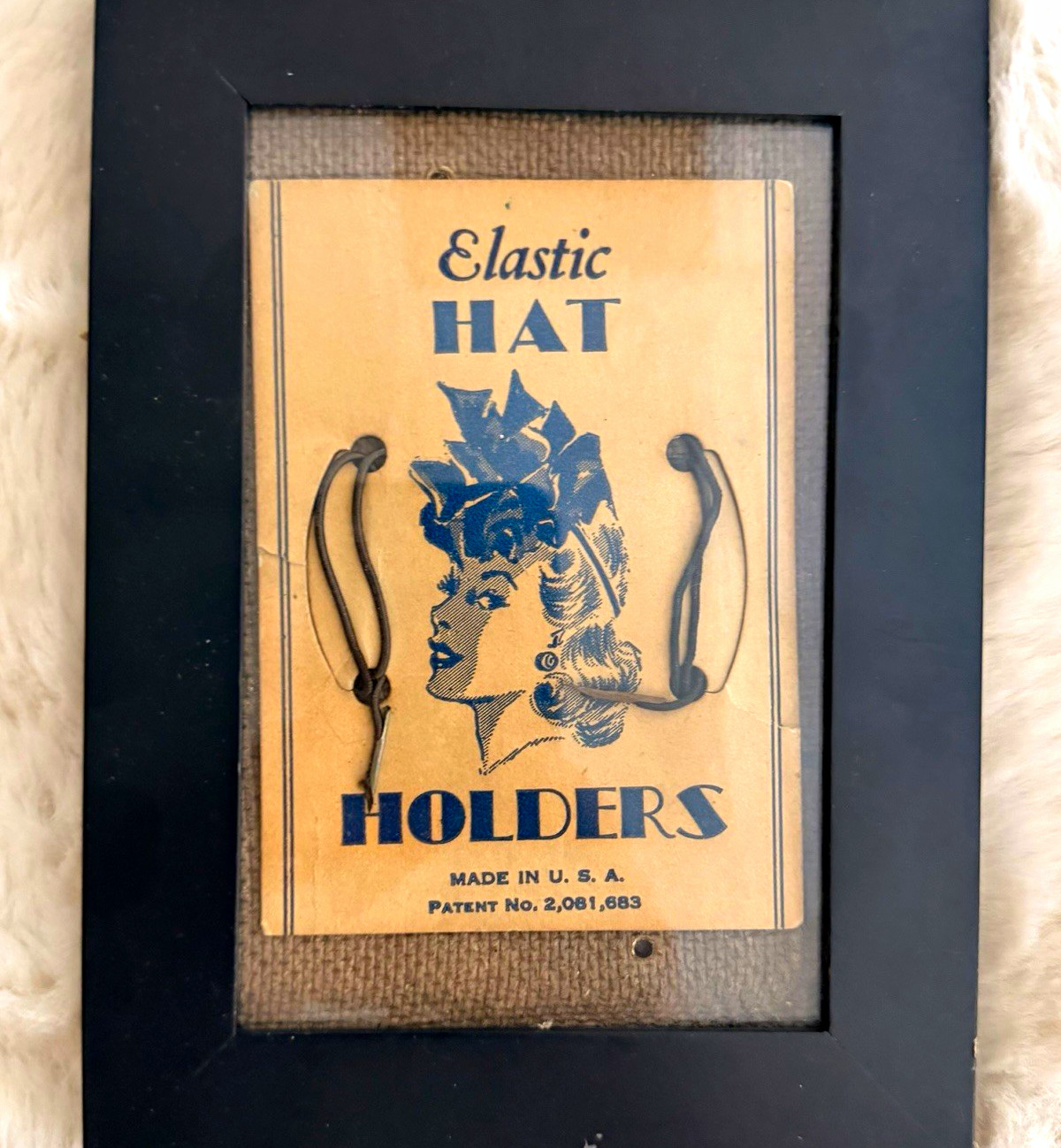Vintage 1930s Elastic Hat Holders Advertising Card Patent 2,081,683 Framed Vintage 1930s Elastic Hat Holders Advertising Card Patent 2,081,683 Framed