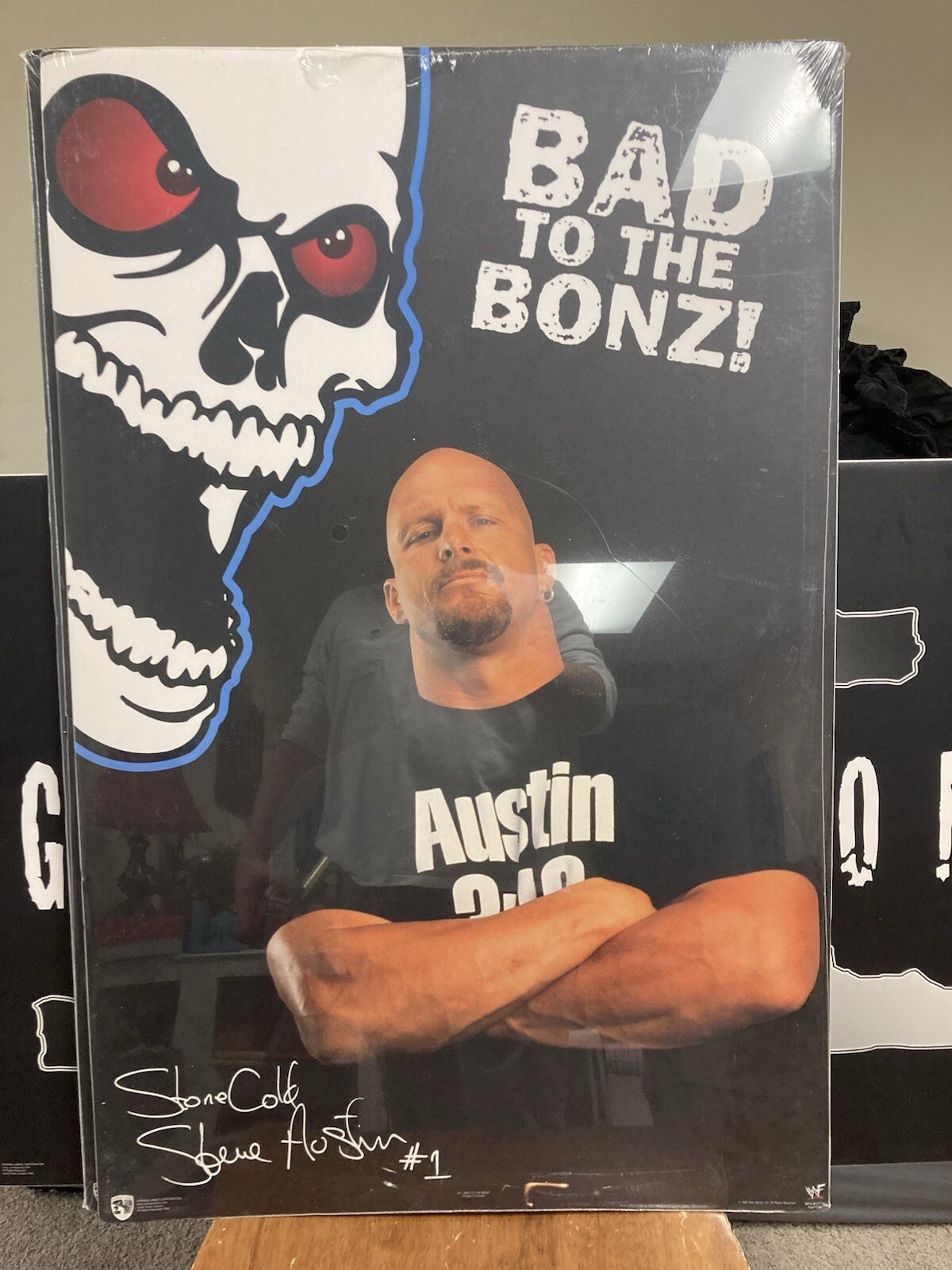WWF Stone Cold Steve Austin Poster Board Bad To The Bonz 22 X 34 VERY RARE 1998 WWF Stone Cold Steve Austin Poster Board Bad To The Bonz 22 X 34 VERY RARE 1998