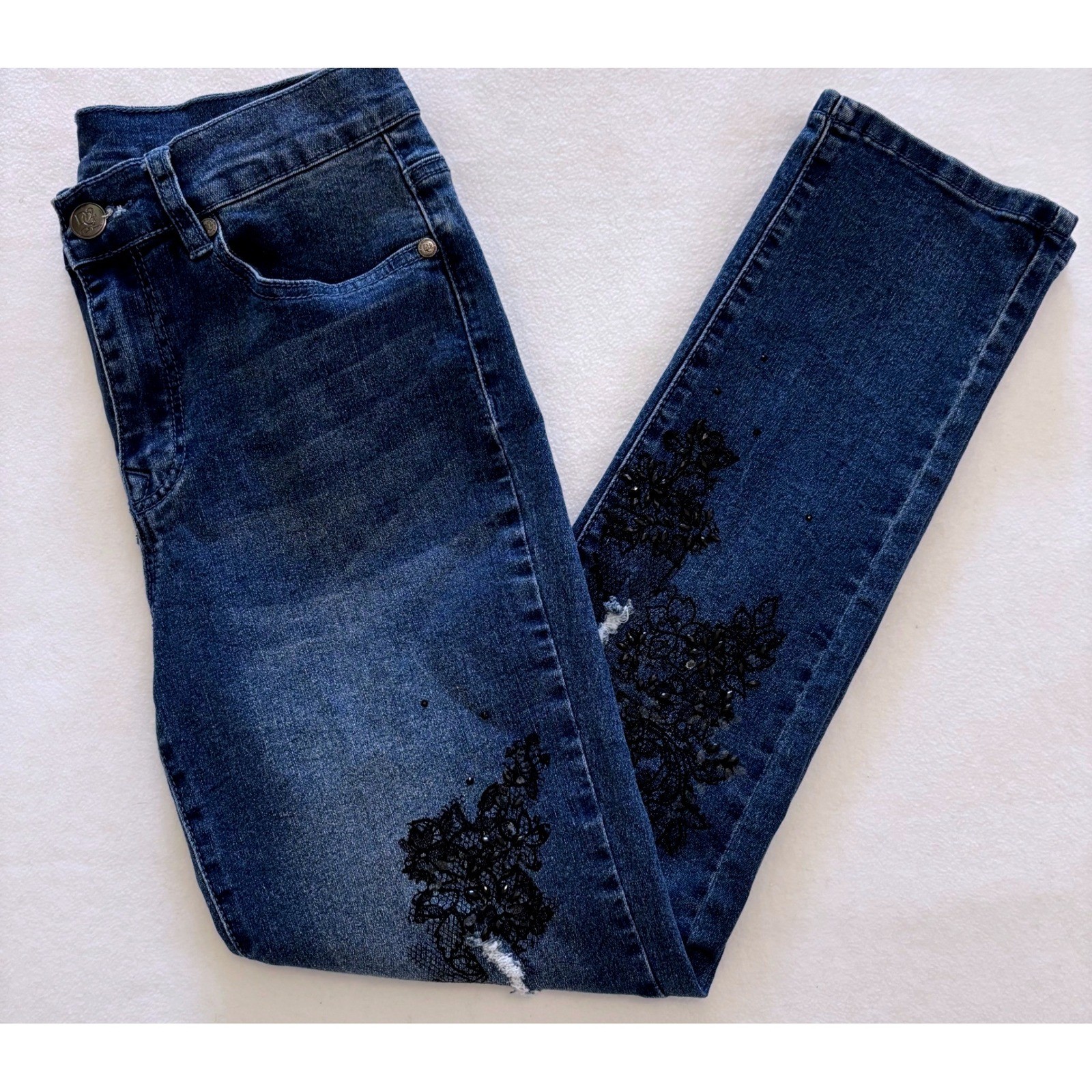 DG2 by Diane Gilman Jeans Distressed Lace Skinny Jeans 8 Denim Floral RN92309