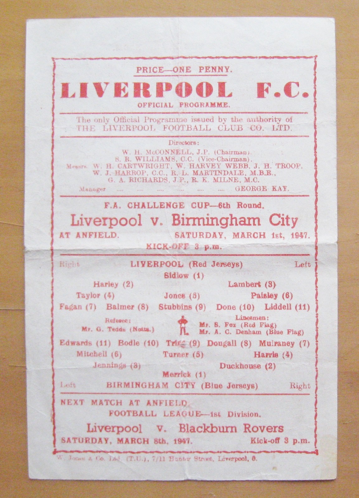 LIVERPOOL v BIRMINGHAM CITY FA Cup 1946/1947 *Good Condition Football Programme*