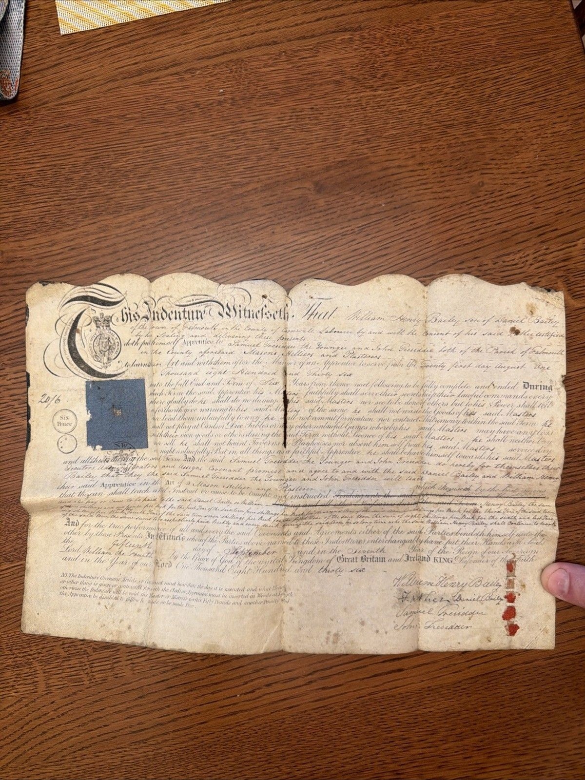 Antique 1837 British Apprenticeship Letter from the reign of William The Fourth Antique 1837 British Apprenticeship Letter from the reign of William The Fourth