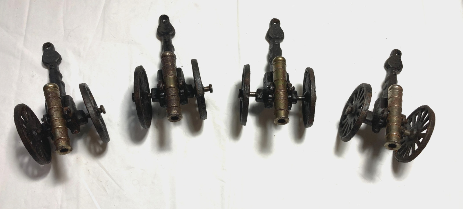 4 Vintage Miniature Brass Cannon on Cast Iron Carriage Wheels Civil War Replica 4 Vintage Miniature Brass Cannon on Cast Iron Carriage Wheels Civil War Replica