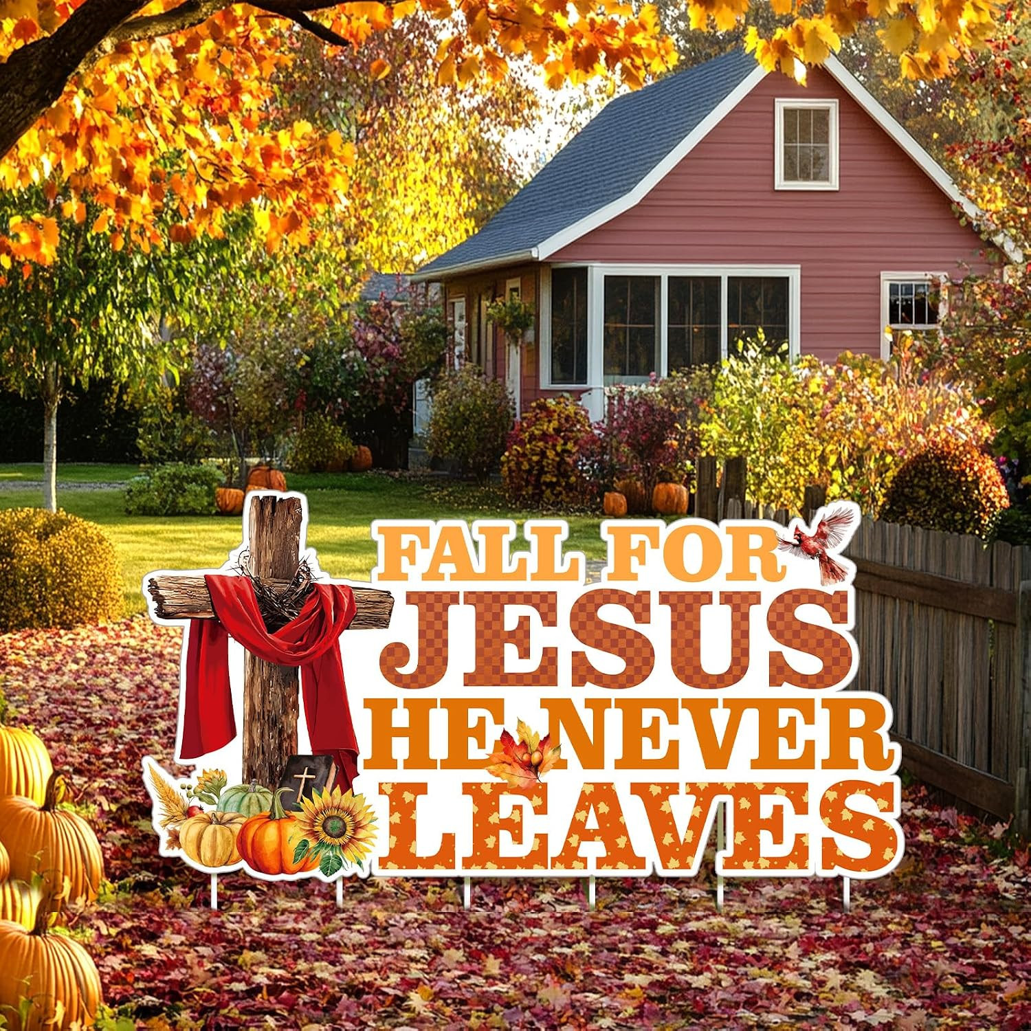 Fall for Jesus He Never Leaves Yard Sign, Christian Fall Decor Large Autumn Than
