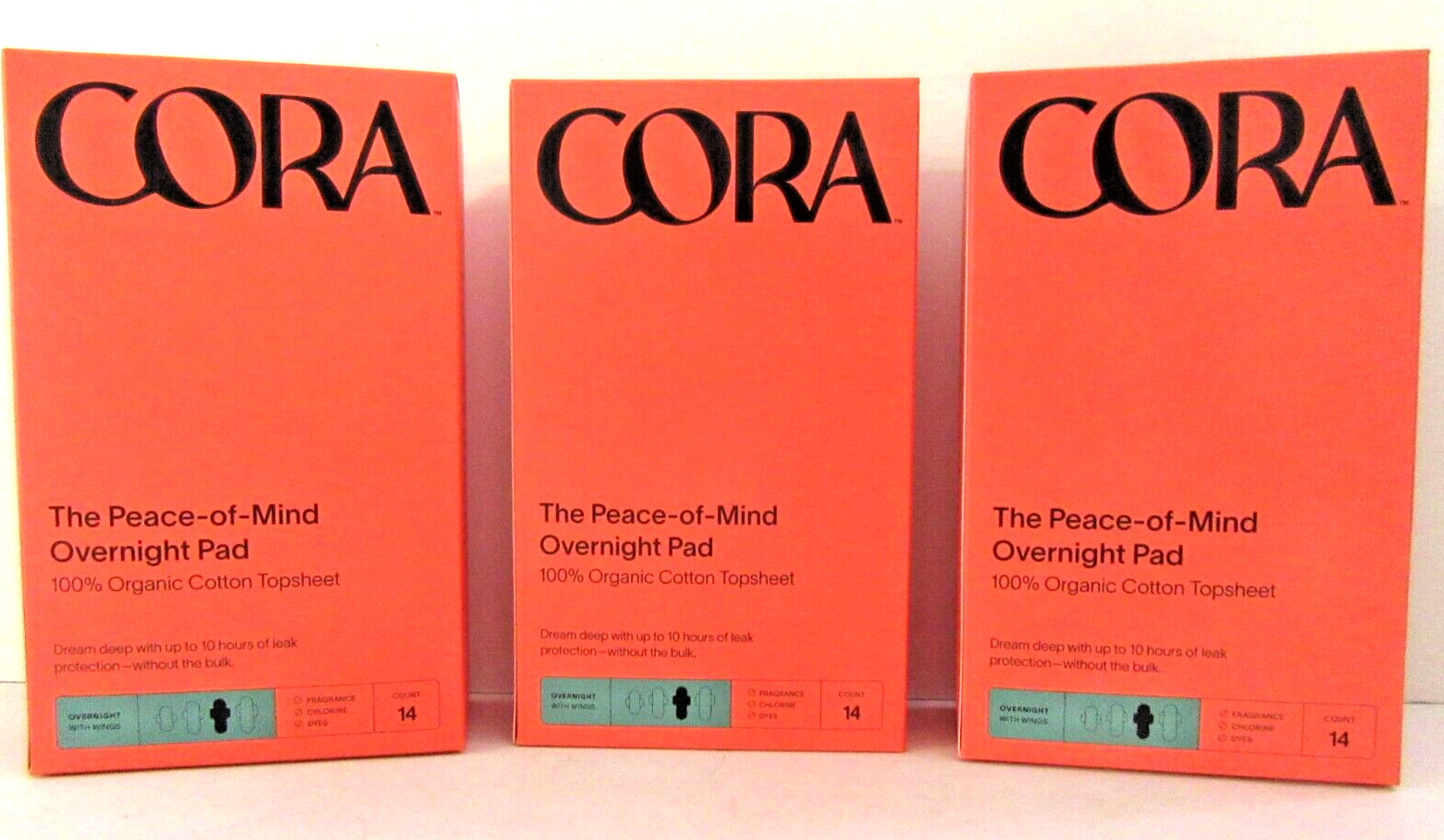 (42 ct) Cora Peace of Mind Overnight Pads 100 Organic Cotton with Wings 14ct X 3