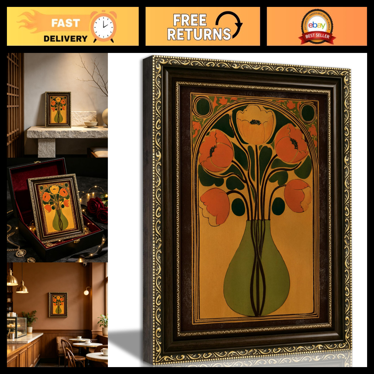 Vintage Floral Wall Art - Gold Framed Retro Poppy Canvas Print Poster Decor