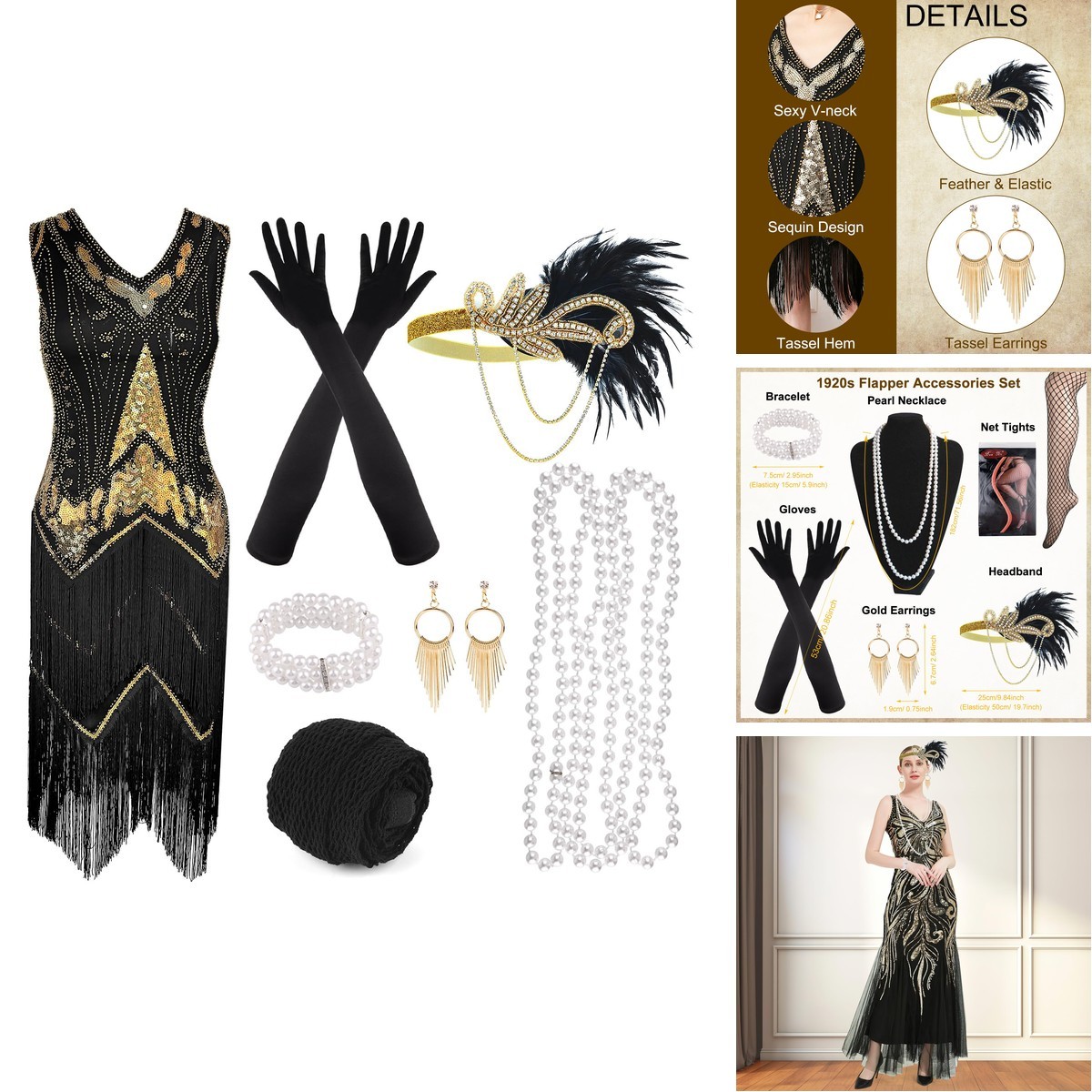 PLULON 1920s Flapper Fringed Sequin Dress 20s Accessories Set V Neck Gatsby PLULON 1920s Flapper Fringed Sequin Dress 20s Accessories Set V Neck Gatsby
