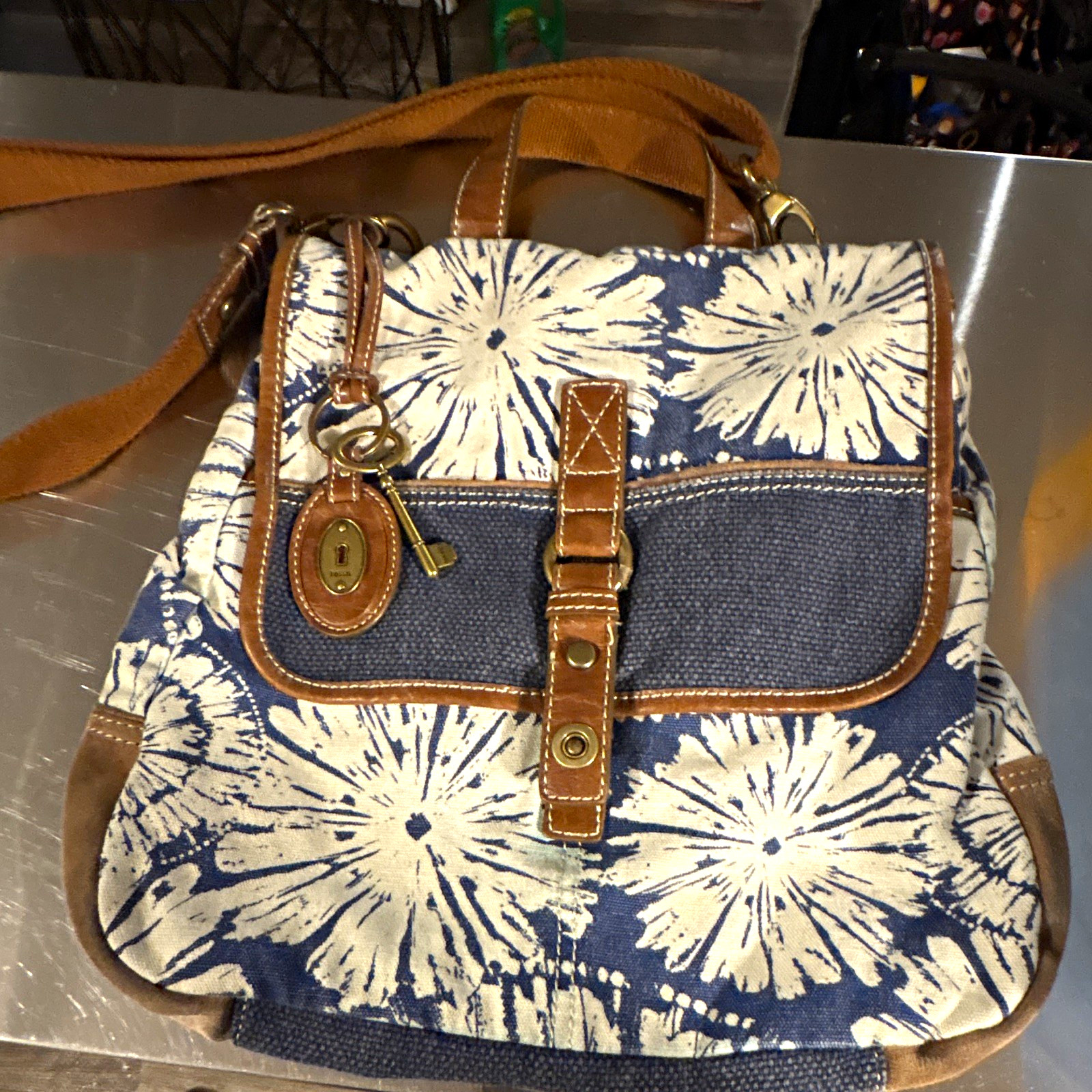 Fossil Blue/White Floral Satchel Top Handle Zip Brown Strap Key Charm