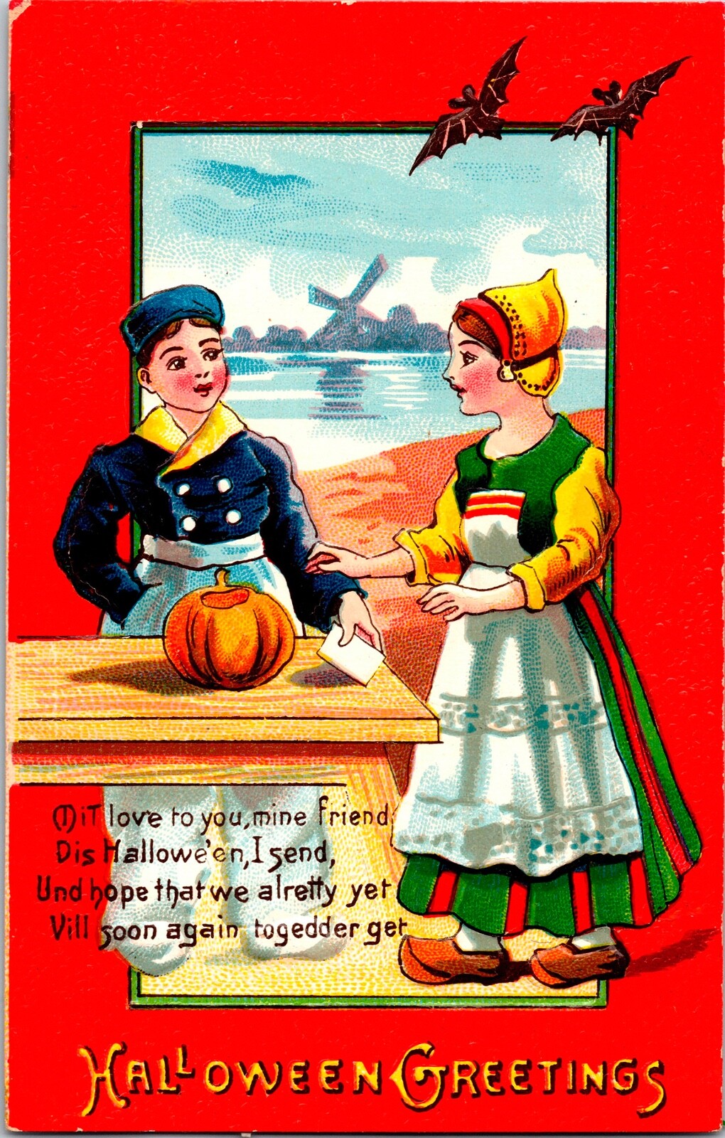 Vintage Adorable Dutch Boy & Girl, Pumpkin, Bats, Windmill, Halloween Postcard Vintage Adorable Dutch Boy & Girl, Pumpkin, Bats, Windmill, Halloween Postcard