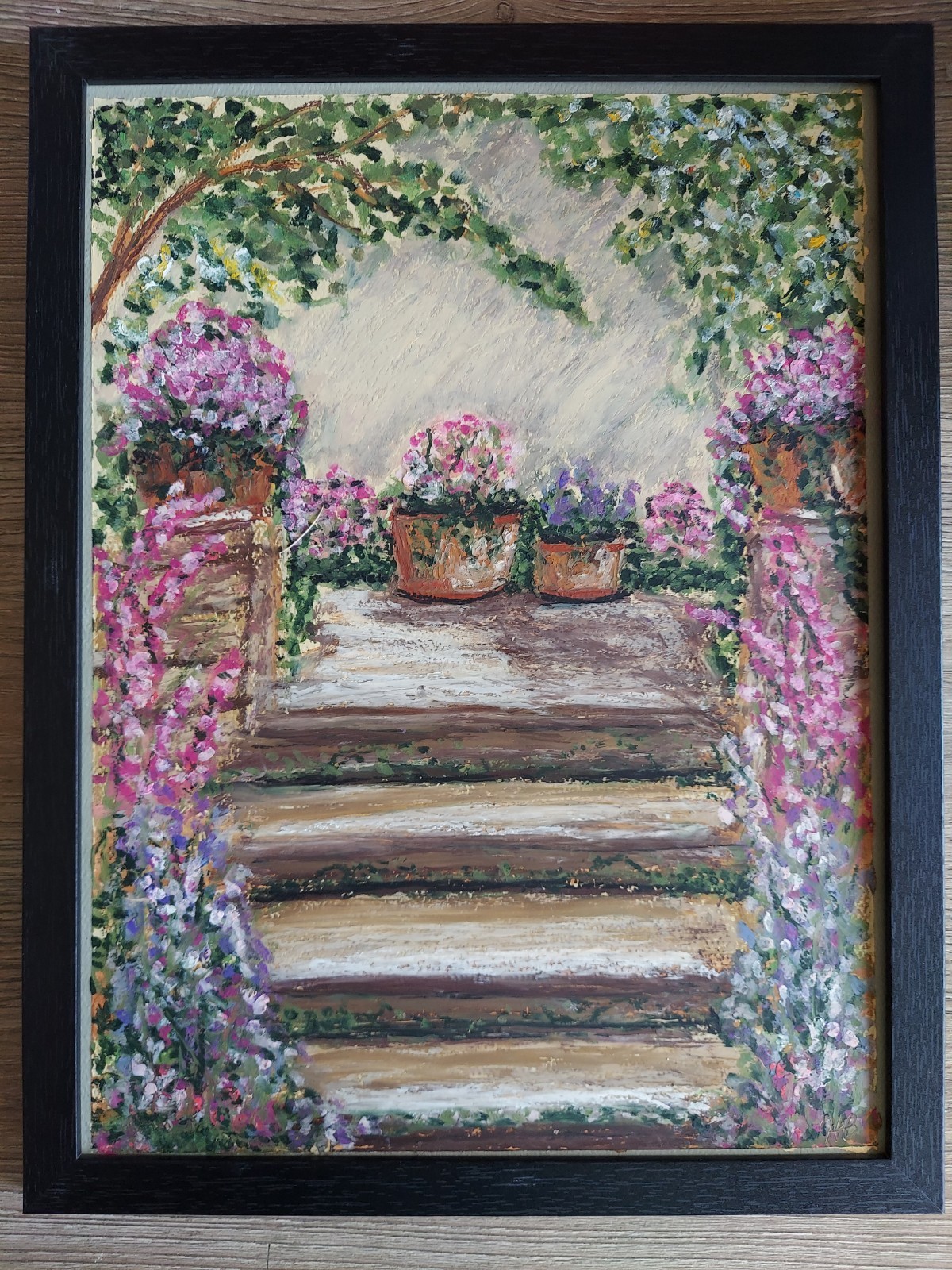 Original Garden Stairs Painting - Oil Pastel - 9x12 Framed - Signed Original Garden Stairs Painting - Oil Pastel - 9x12 Framed - Signed
