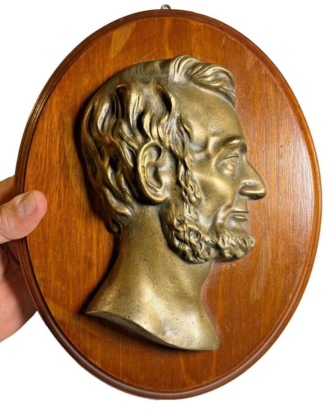 Antique Solid Brass Abraham Lincoln Bust Wall Plaque on Wood Board Presidential