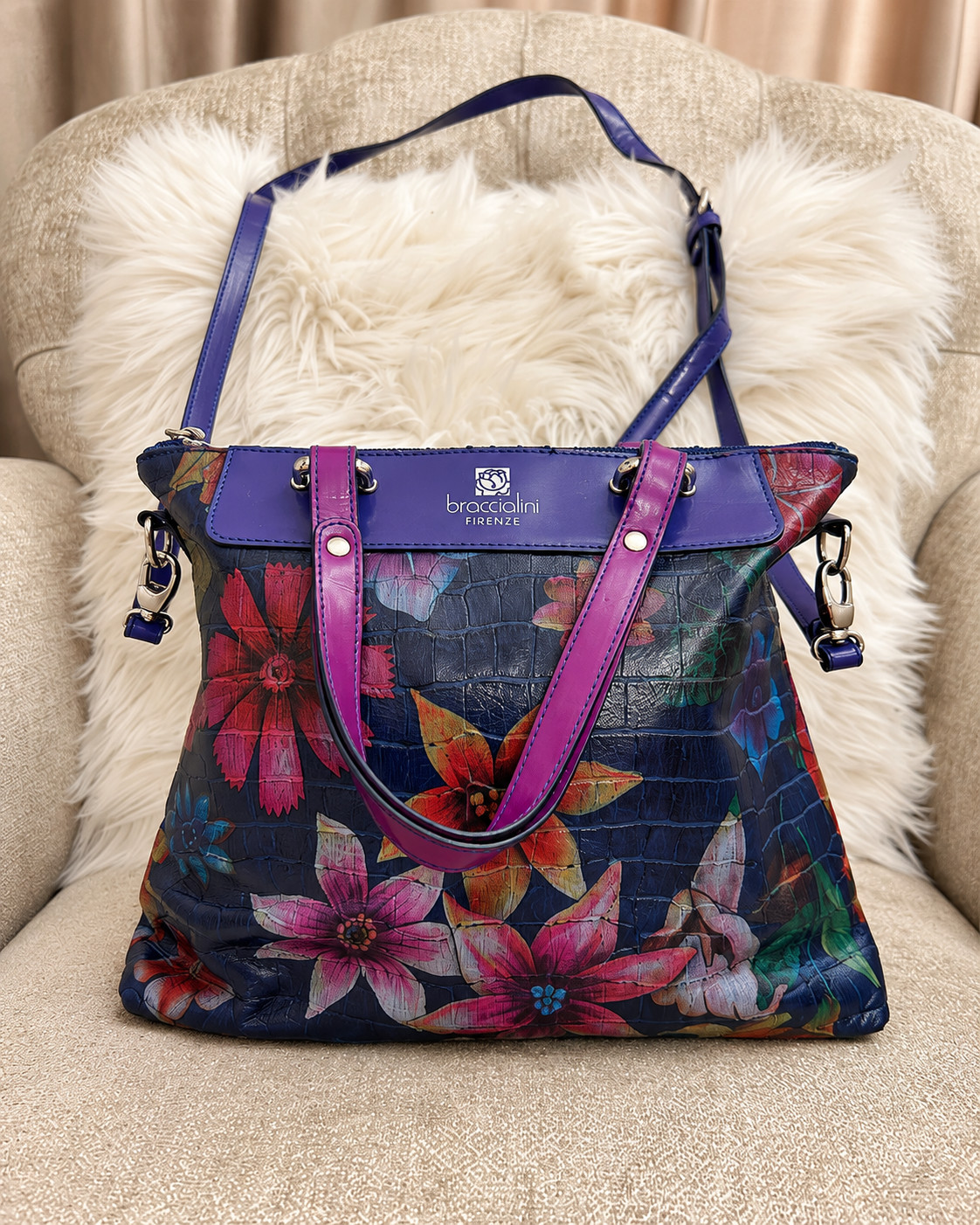 Braccialini Firenze Women\'s Bag – Genuine Leather – Multicolored Floral Pattern