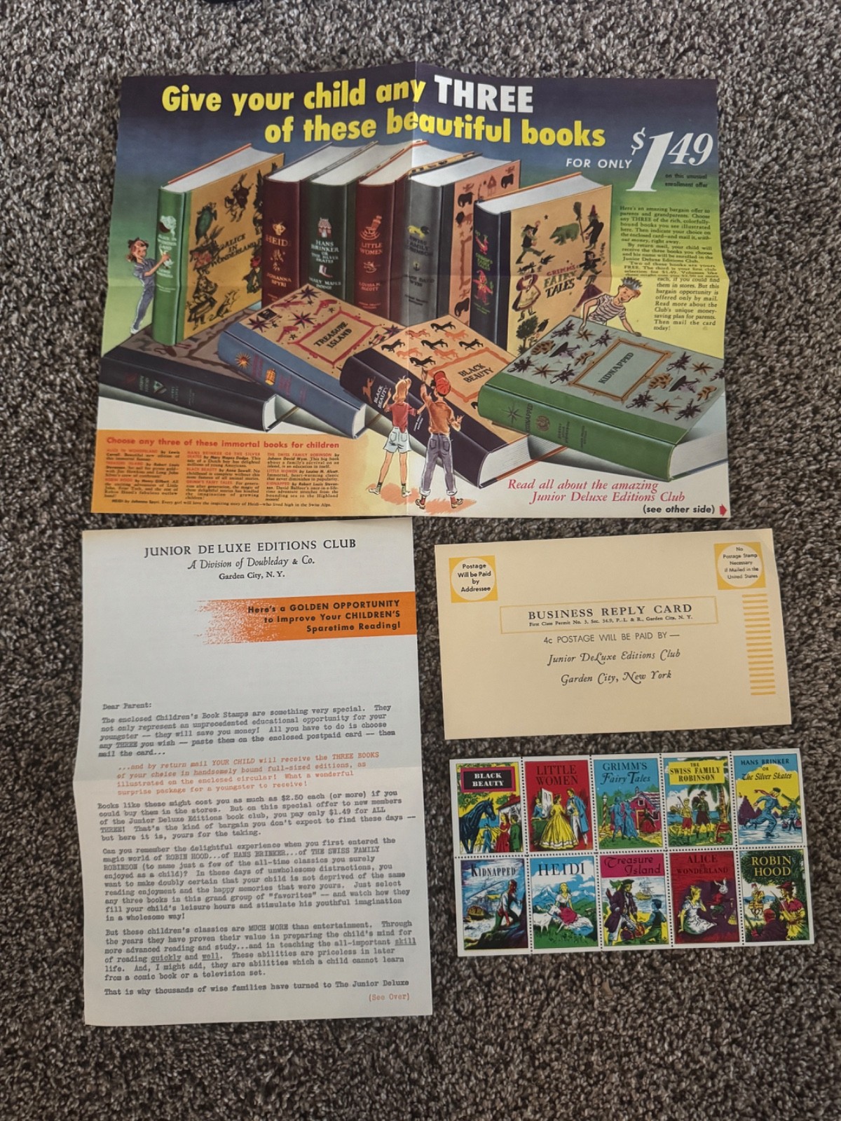 Vintage 1950s Junior Deluxe Editions Club Doubleday Mailer Complete Uncut Stamps Vintage 1950s Junior Deluxe Editions Club Doubleday Mailer Complete Uncut Stamps