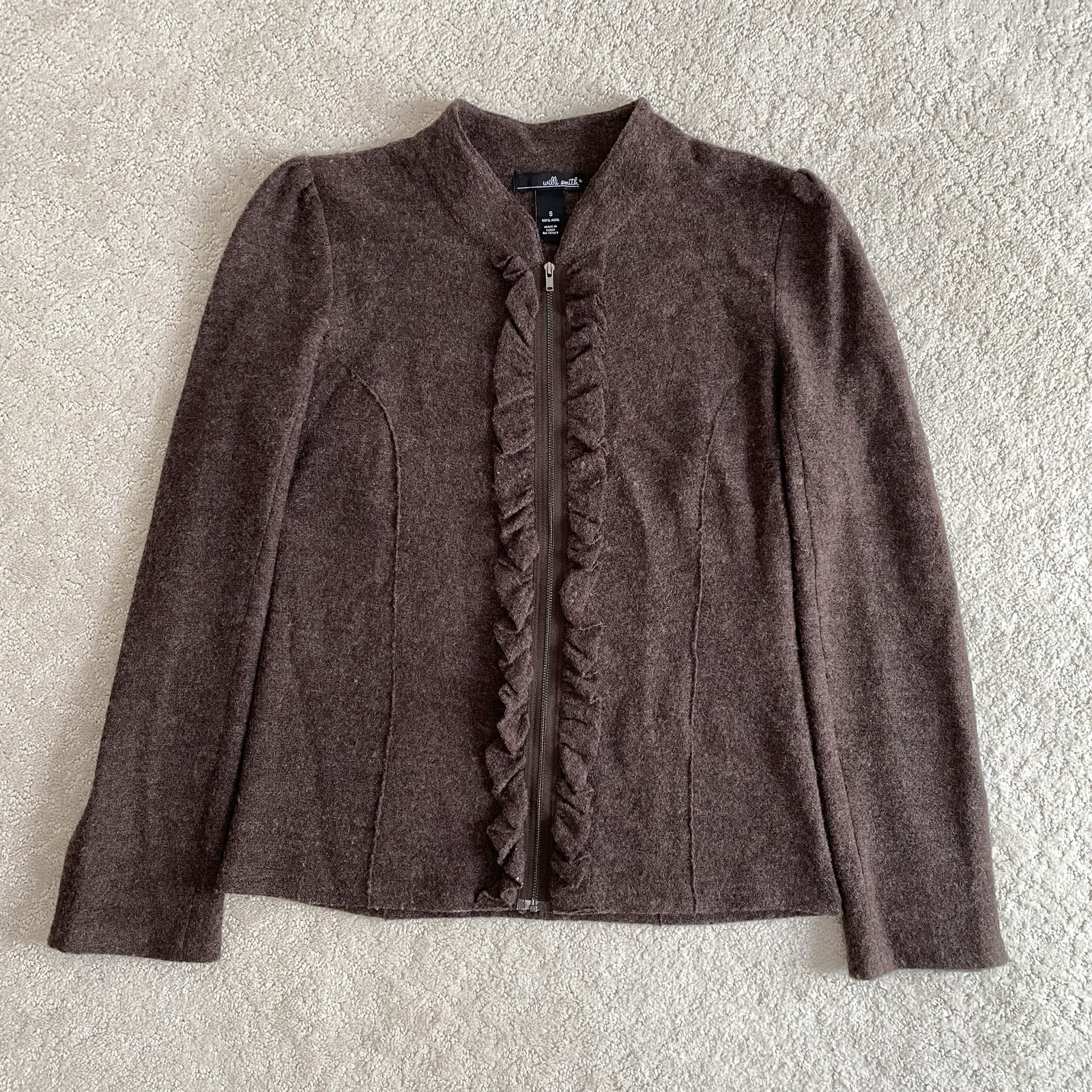 100% Wool Ruffle Zip Up Brown Jacket Women’s S/M Dark Academia Heritage Preppy